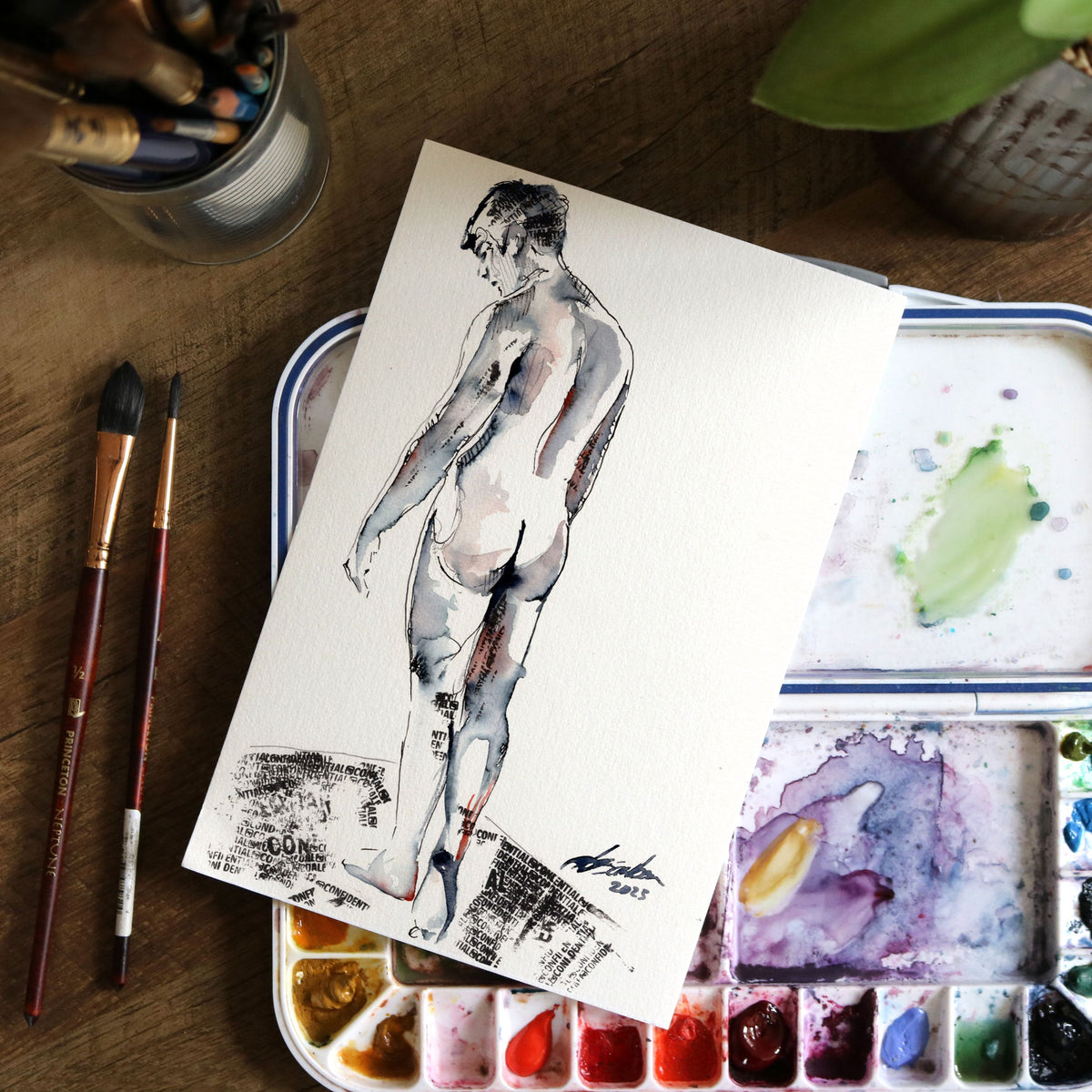 Solitary Reflection - Nude Male Form in Ink - 6x9" Original Watercolor Artist Brenden Sanborn