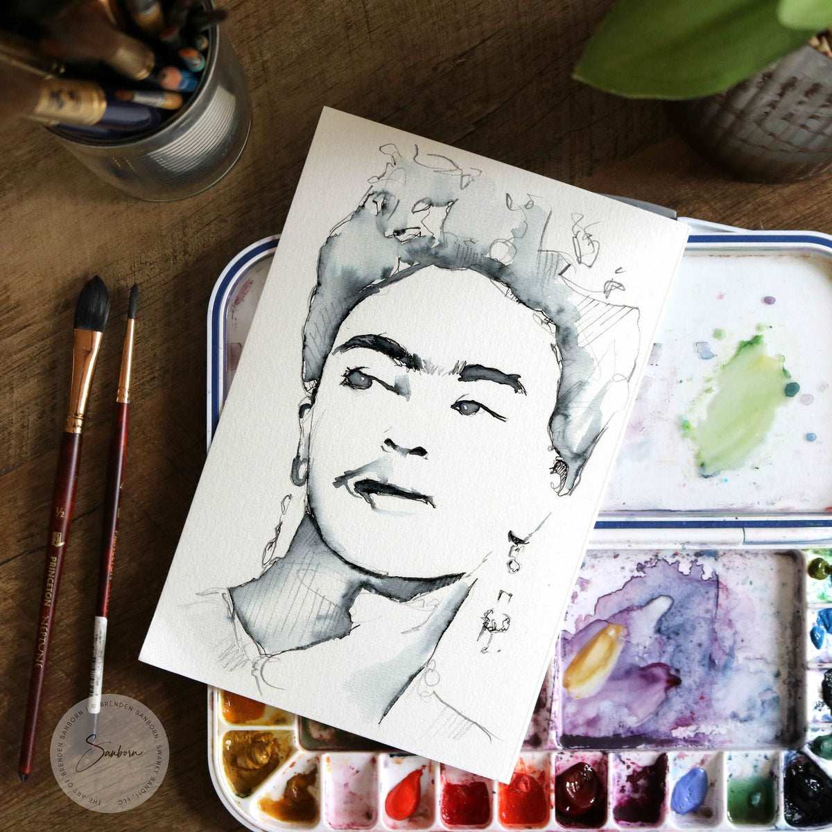 Frida Kahlo Portrait - 6x9" Original Ink Painting Artist Brenden Sanborn