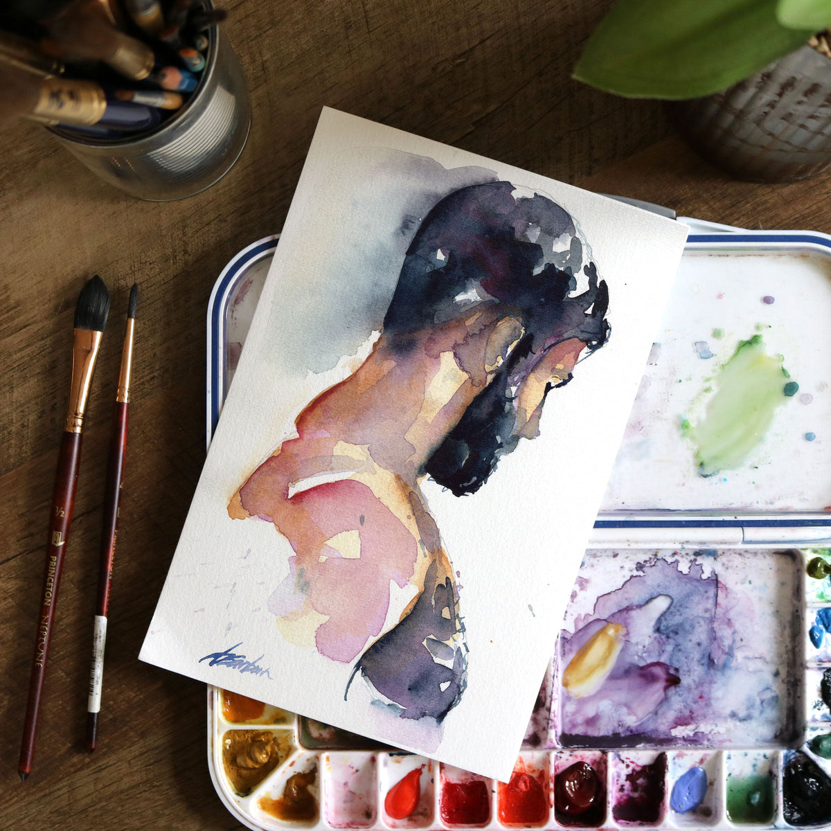 Shadowed Strength - Thick-Haired Chest - 6x9" Original Watercolor Painting Artist Brenden Sanborn