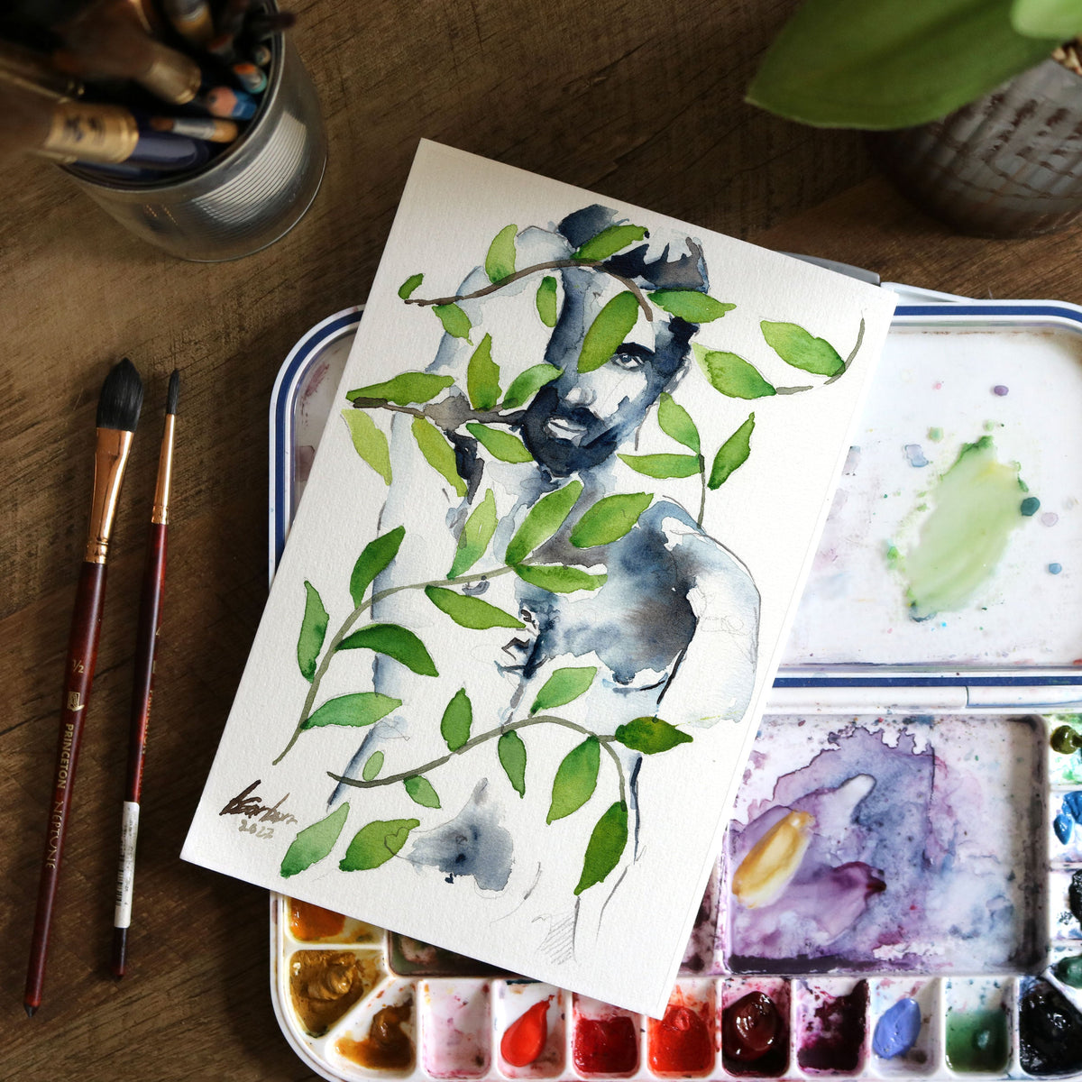 Nature's Embrace - Bearded Man Amidst Verdant Vines - Original Art Artist Brenden Sanborn