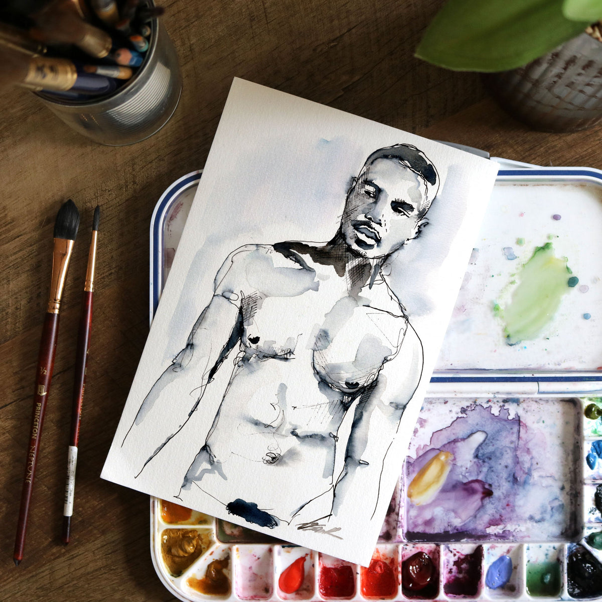 Stoic Shadows - Ink Defined Muscular Form - 6x9" Original Painting Artist Brenden Sanborn