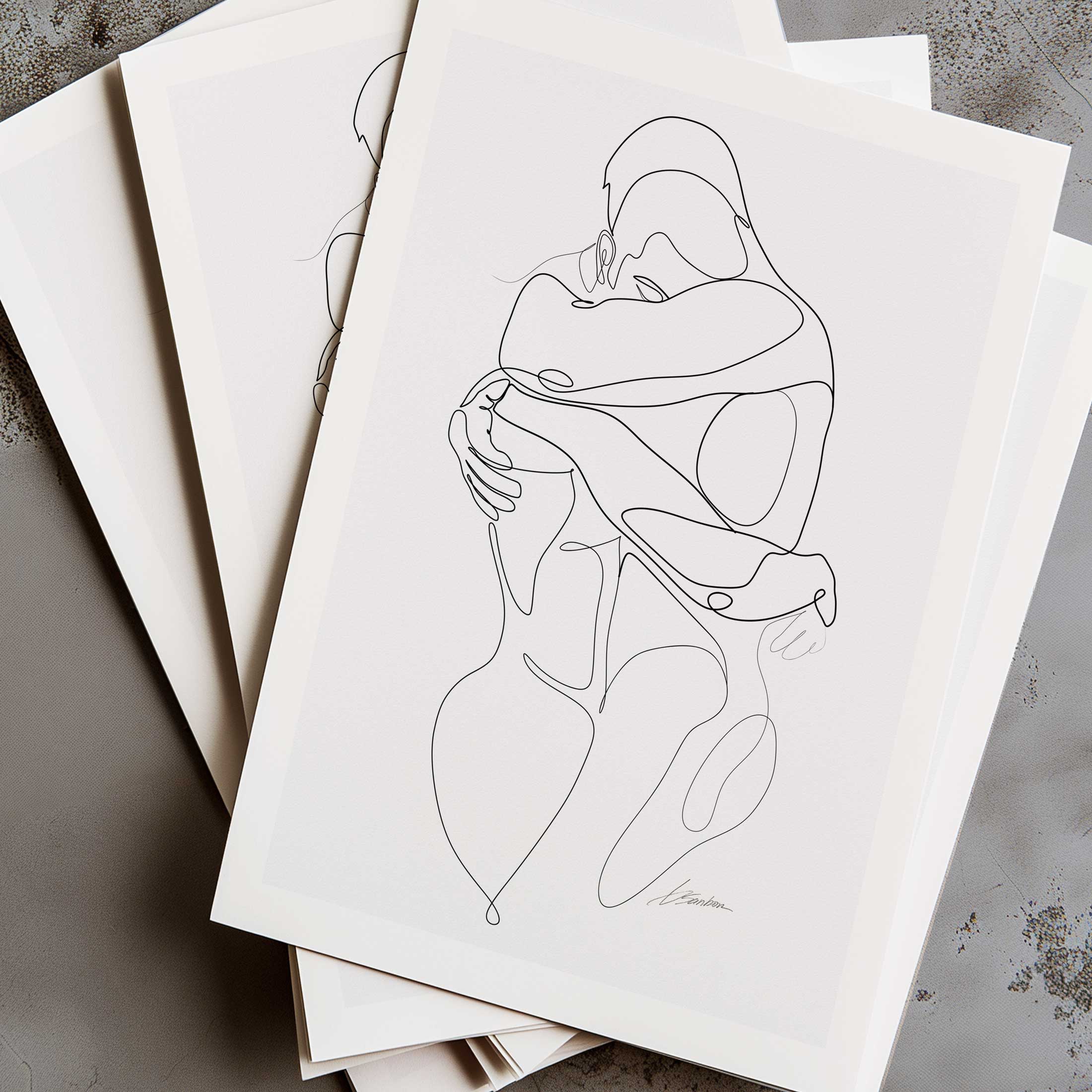 Wrapped in You One-Line Drawing of Two Men Hugging – Art Print Artist Brenden Sanborn