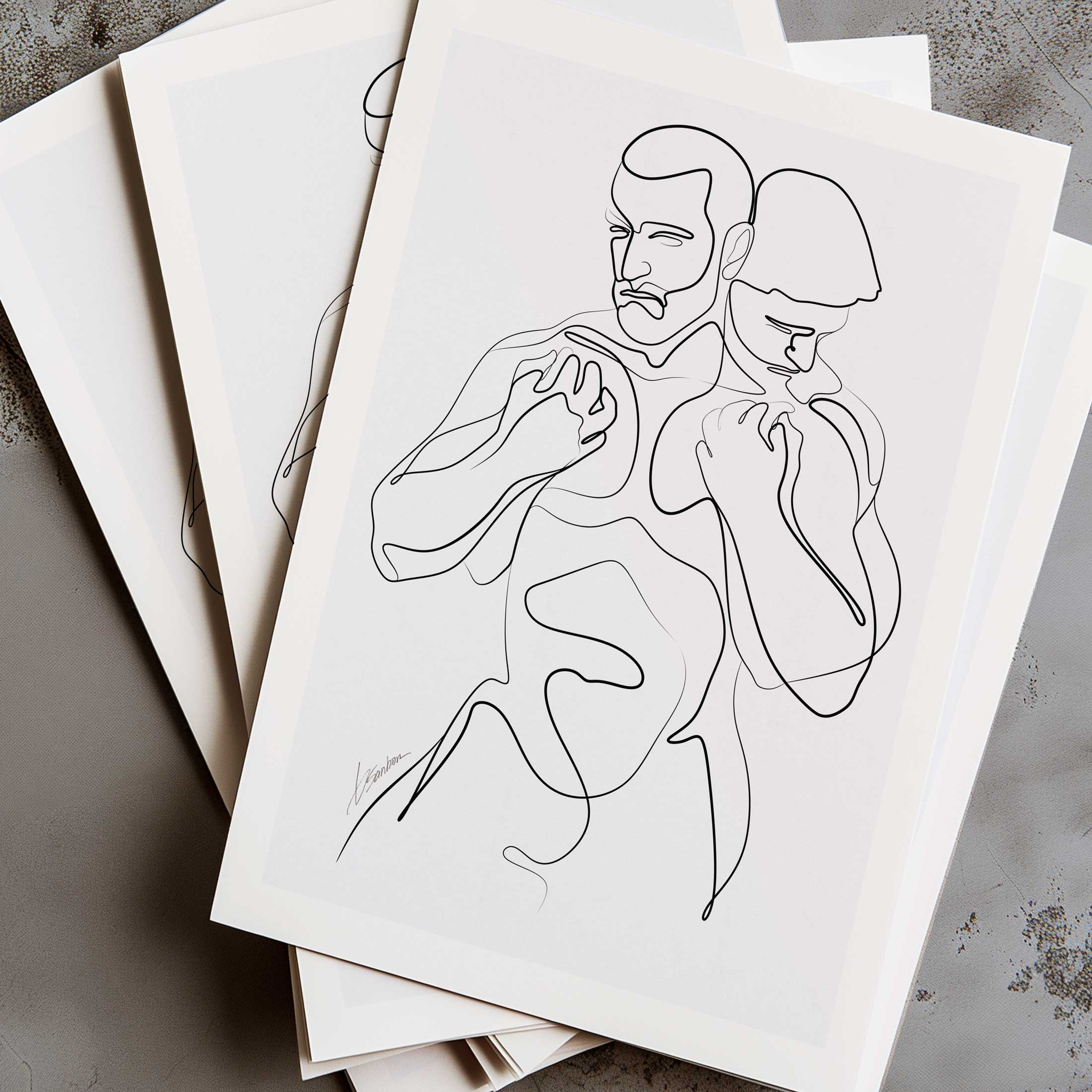 Holding Close Two Men in a One-Line Embrace – Art Print Artist Brenden Sanborn