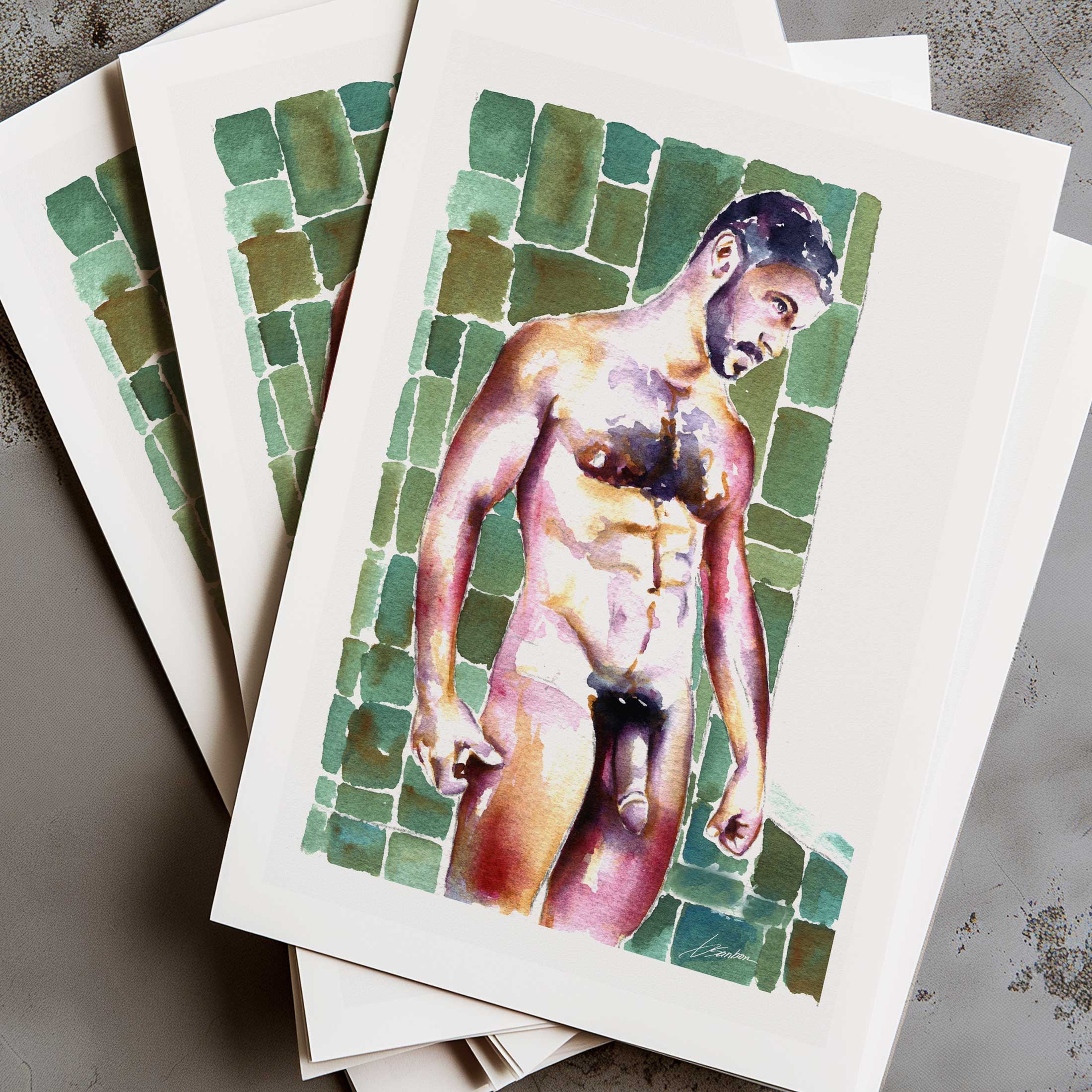 Bearded Man in Shower - Art Print Artist Brenden Sanborn