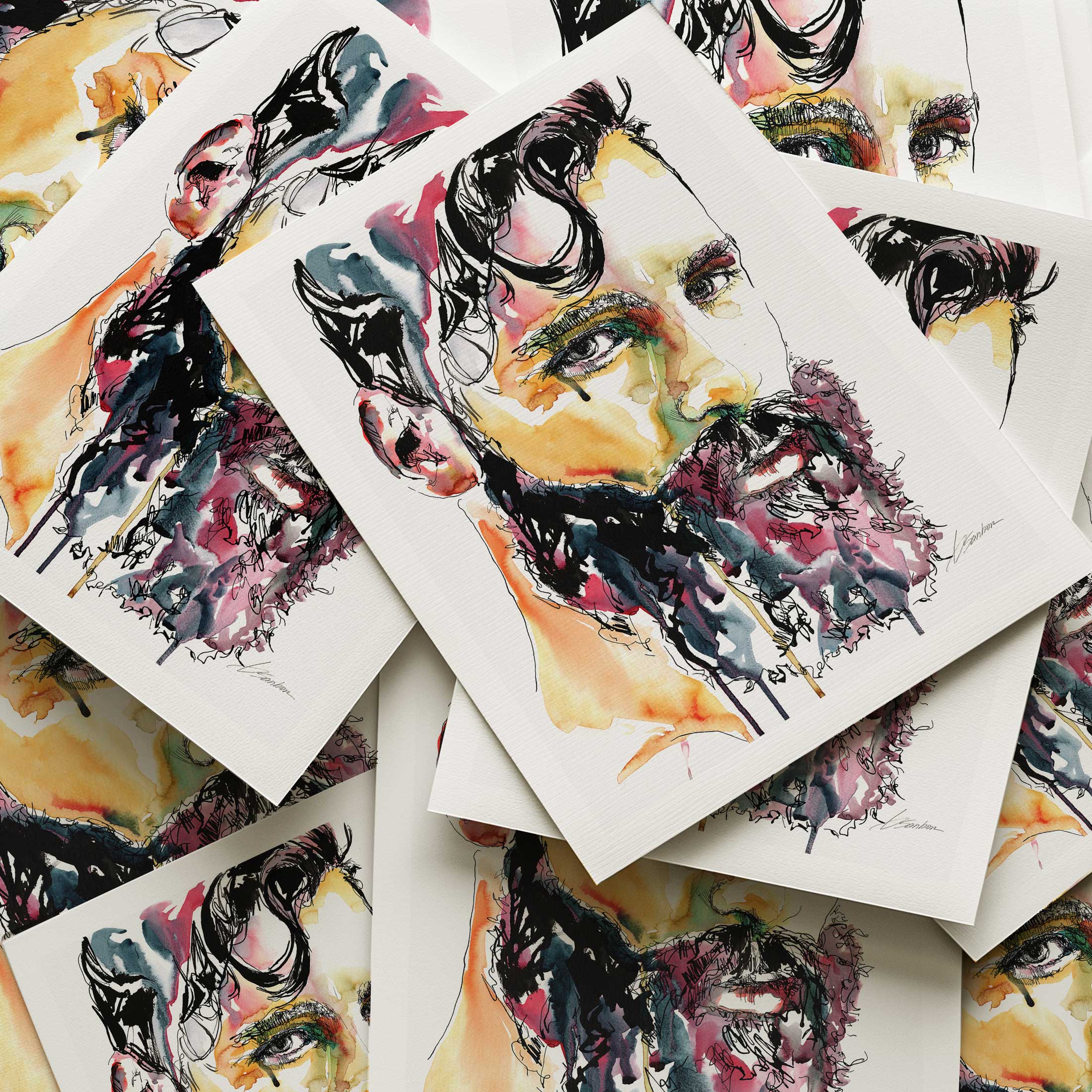 Portrait of Bearded Man with Intense Eyes and Flowing Hair - Art Print Artist Brenden Sanborn