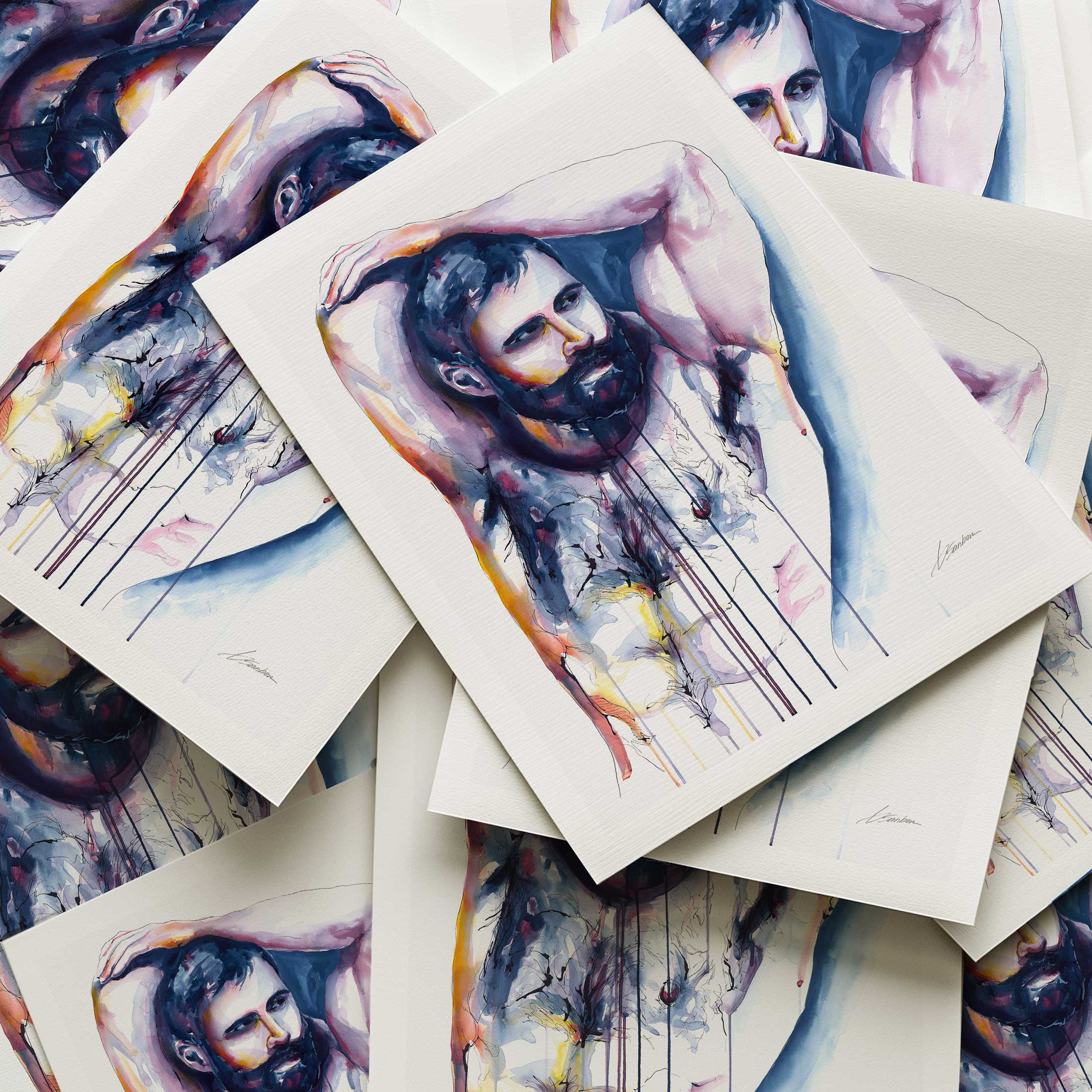 Bearded Man with Raised Arms and Strong, Hairy Chest - Art Print Artist Brenden Sanborn