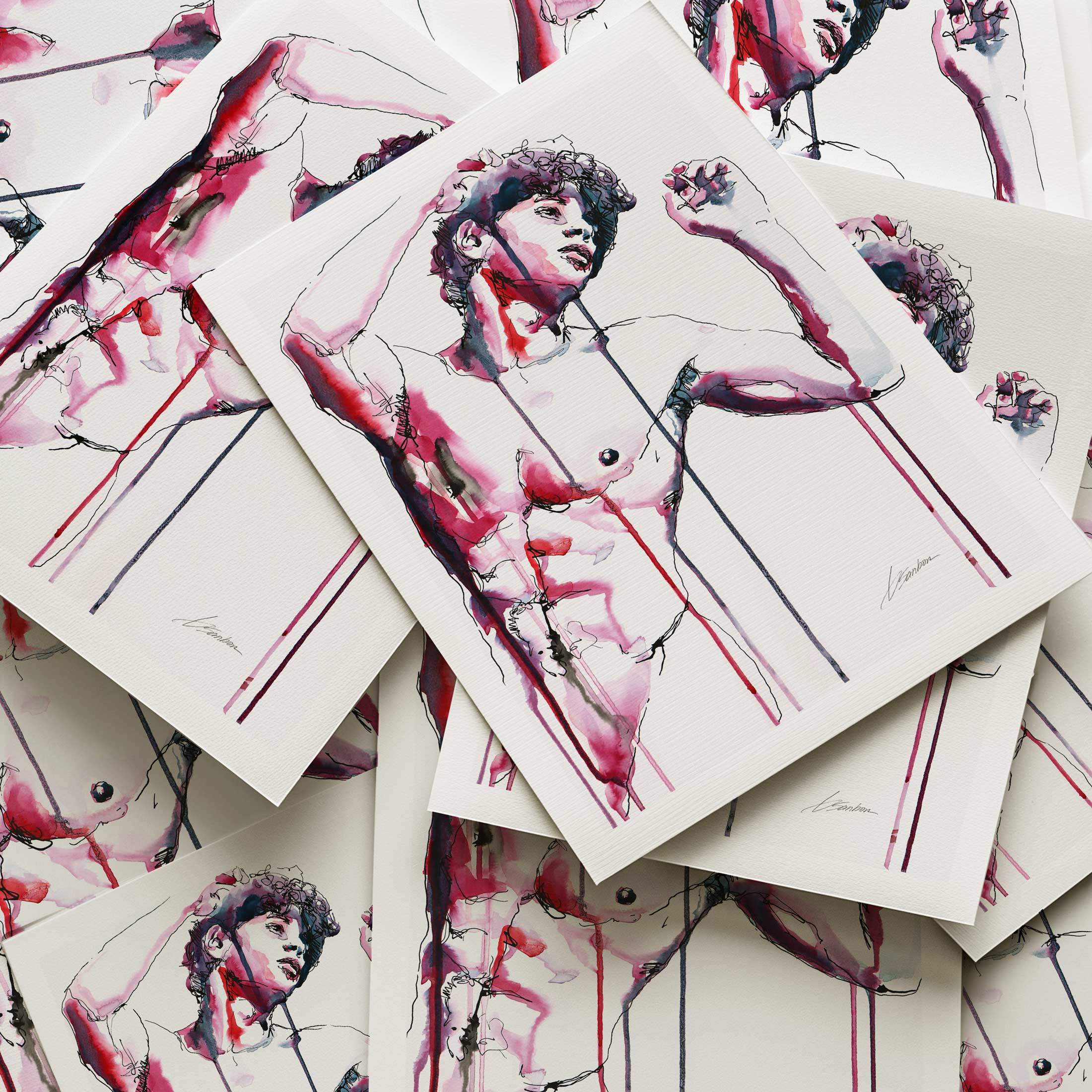 Curled Hair Bare Chest and Arms Raised in Quiet Elegance - Art Print Artist Brenden Sanborn