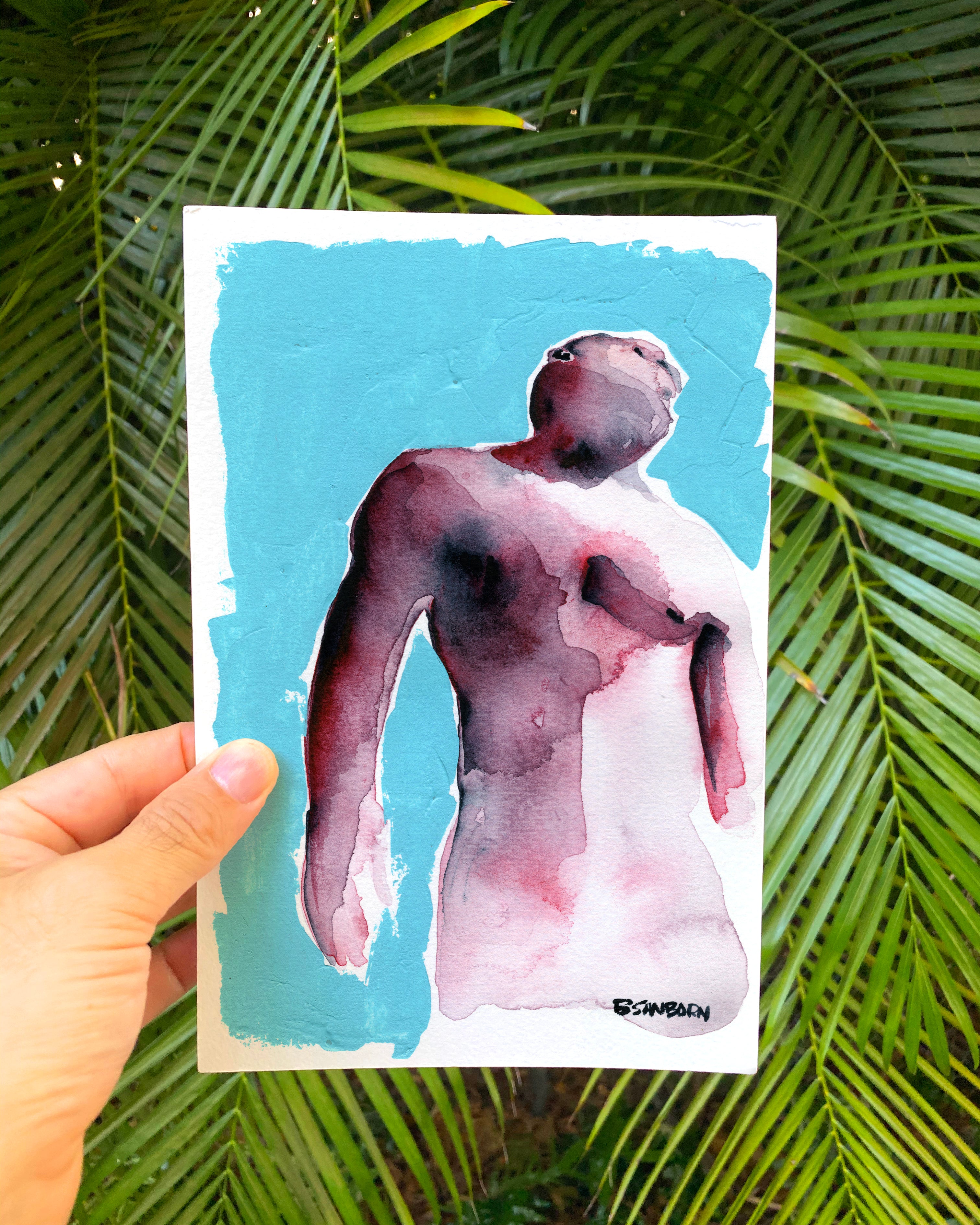 Nude male torso original watercolor painting 6x9 upturned head figurative art by Brenden Sanborn
