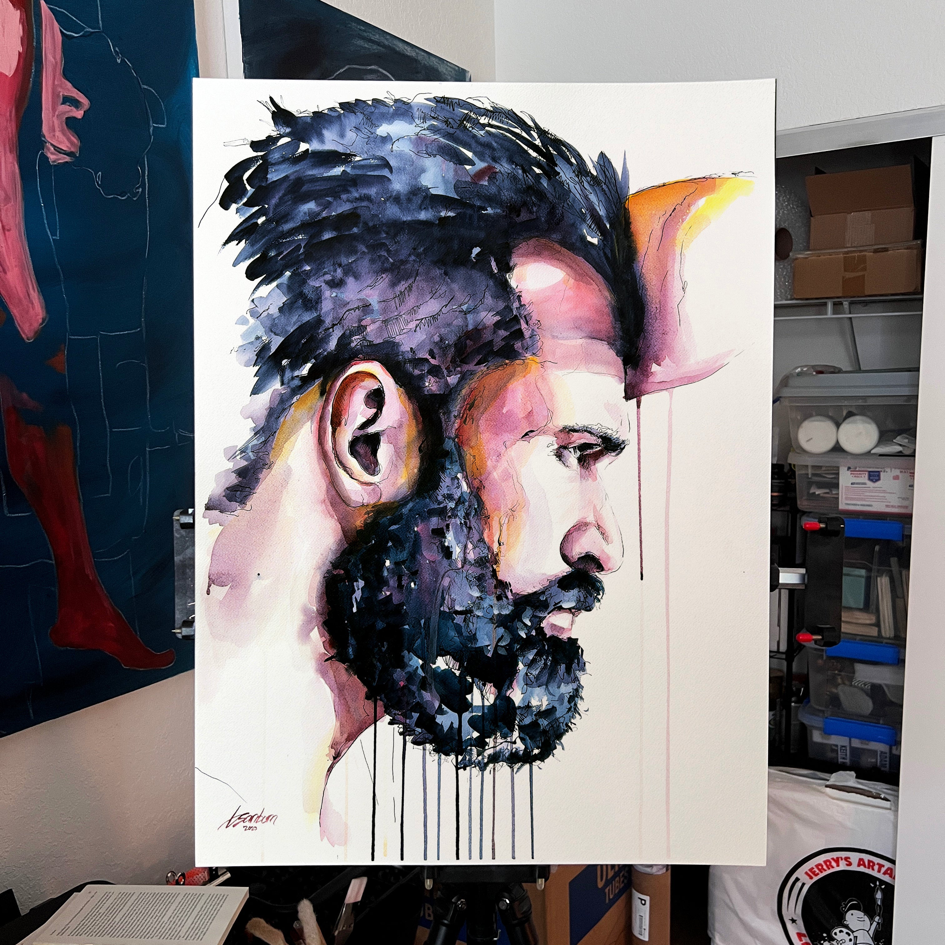 Bearded man portrait original watercolor painting 22x30 expressive drip art by Brenden Sanborn