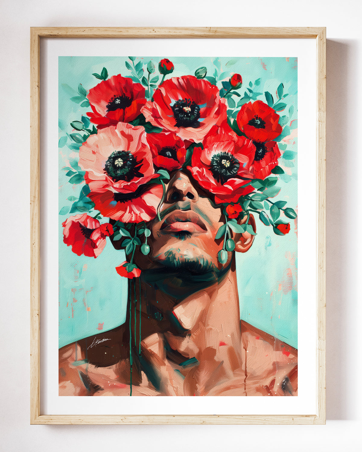 Bloom Blind art print by Brenden Sanborn, a man whose eyes are covered by a cluster of red poppies, face tilted up, shown in a light wood frame