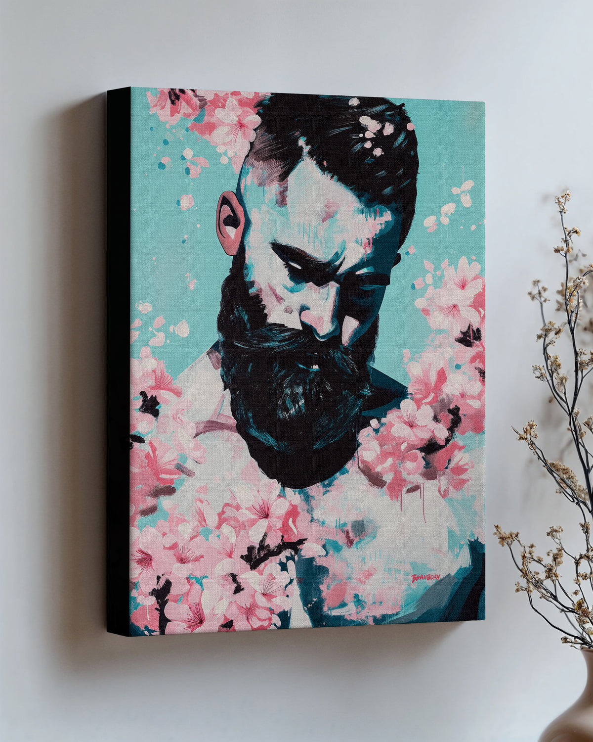Blush Season on stretched canvas with black edges, hung on a wall and seen at an angle