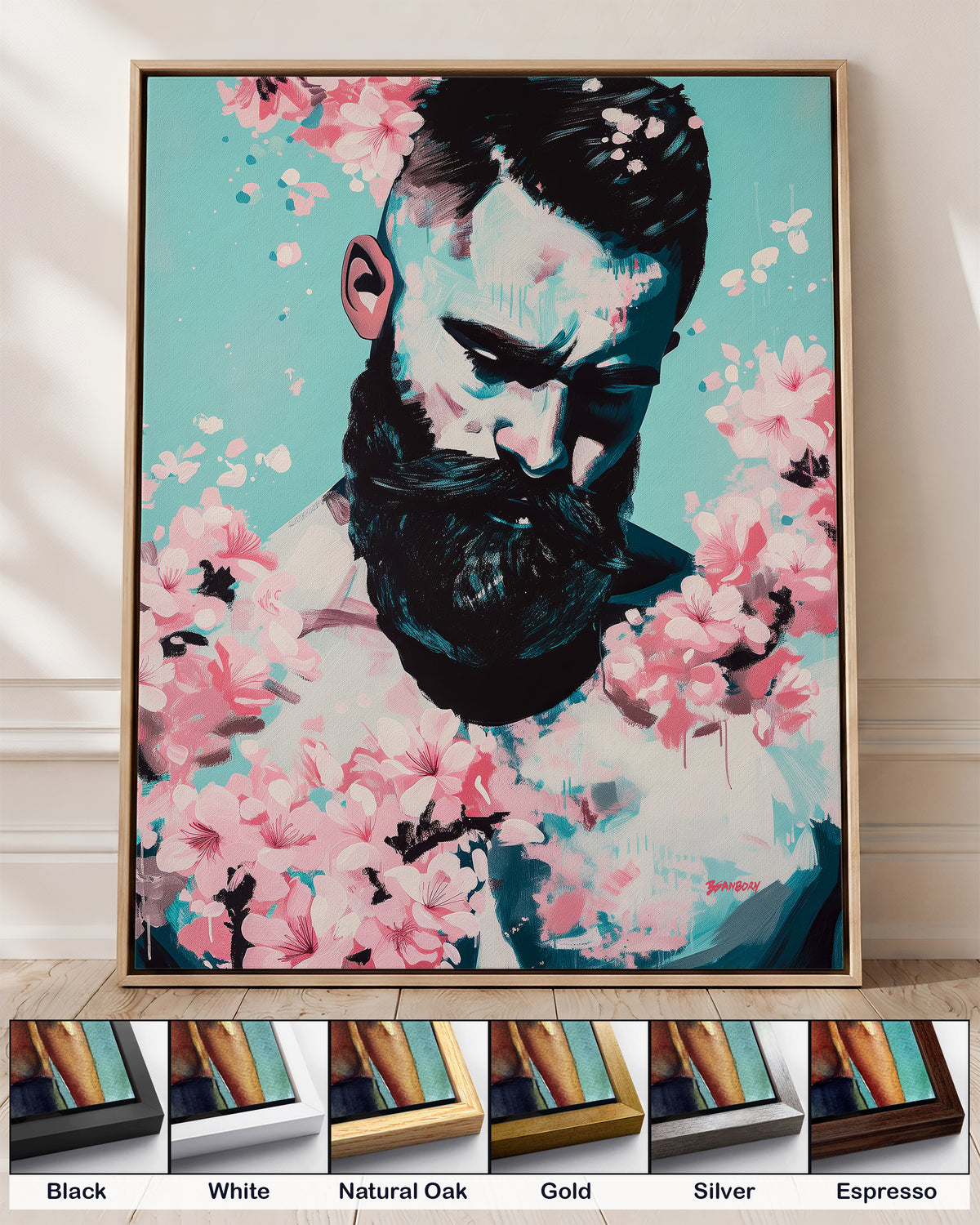 Blush Season on canvas in a natural oak floating frame, with corner samples of all six frame colors: black, white, natural oak, gold, silver and espresso