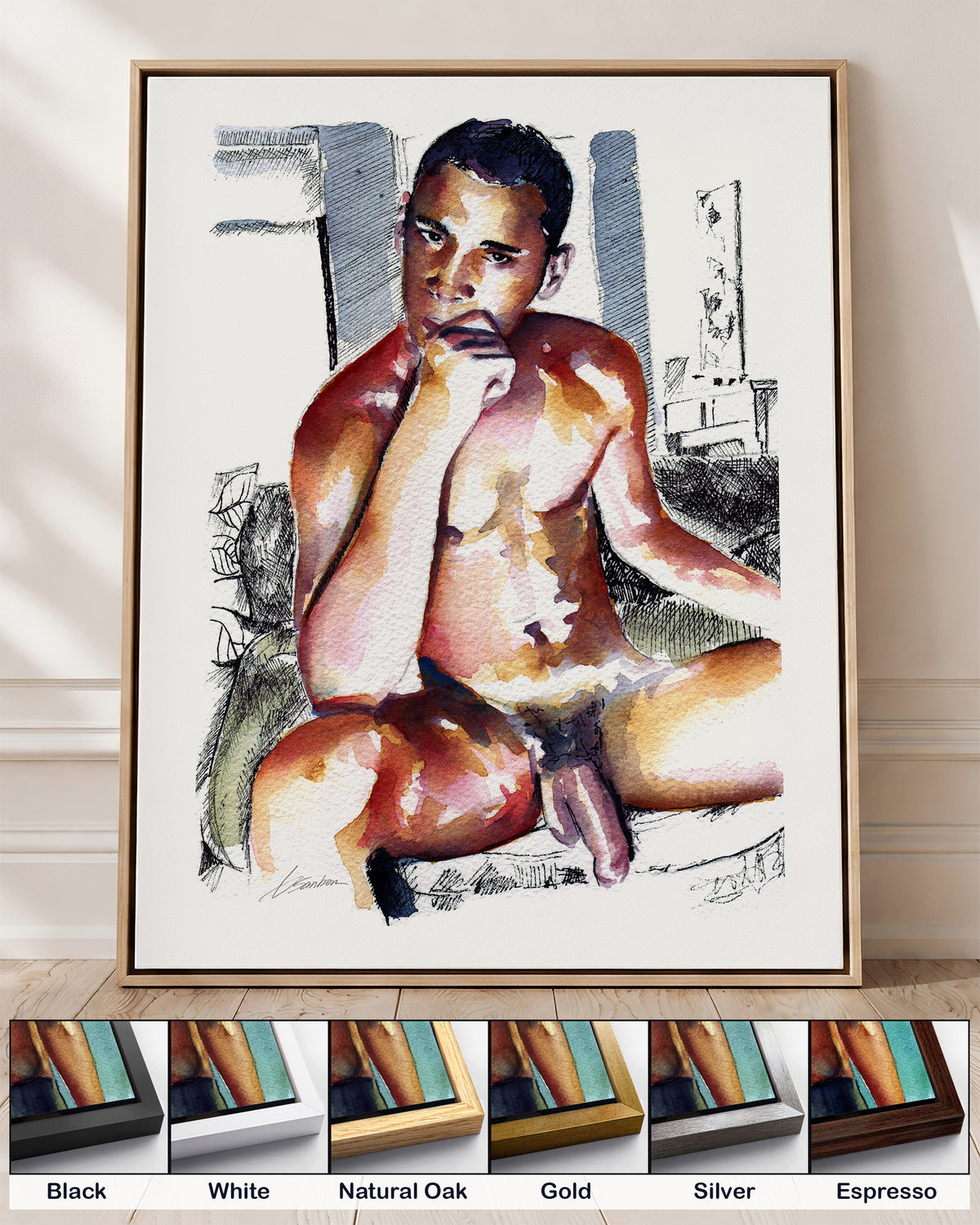 Magnitude on canvas in a natural oak floating frame, with corner samples of all six frame colors: black, white, natural oak, gold, silver and espresso