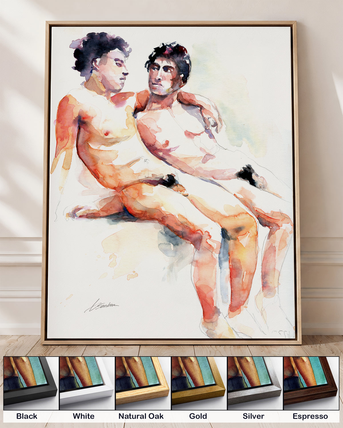 Heavenly Moment on canvas in a natural oak floating frame, with corner samples of all six frame colors: black, white, natural oak, gold, silver and espresso