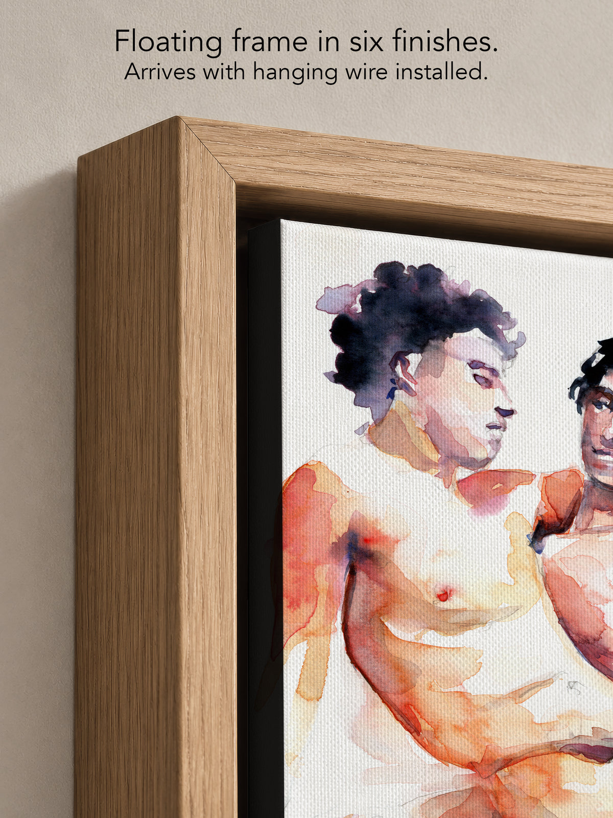 Close up corner of Heavenly Moment in a natural oak floating frame, with black canvas edges and hanging wire installed