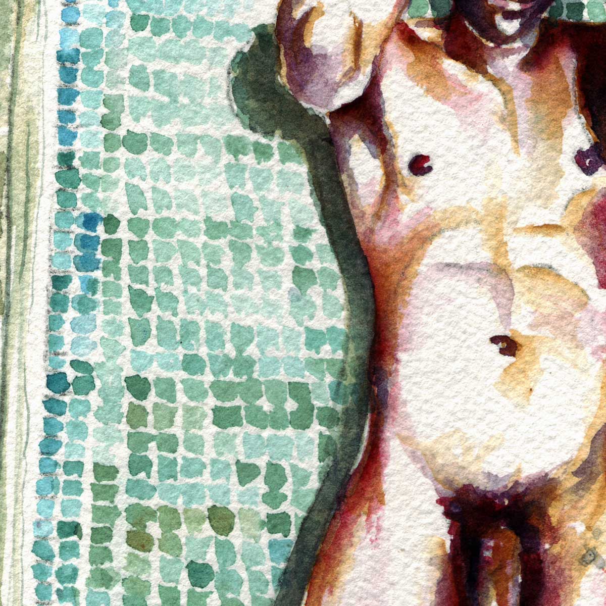 Male Nude Underwater Tiles Resting Against a Mosaic Wall - Art Print Artist Brenden Sanborn