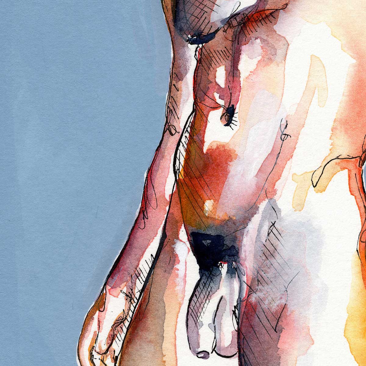 Bearded Male Nude with Defined Abs Standing in Natural Light - Art Print Artist Brenden Sanborn