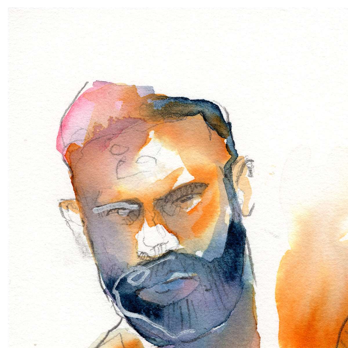 Bearded Trio - Expressive Male Faces with Hairy Chests - 6x9" Original Watercolor Painting Artist Brenden Sanborn