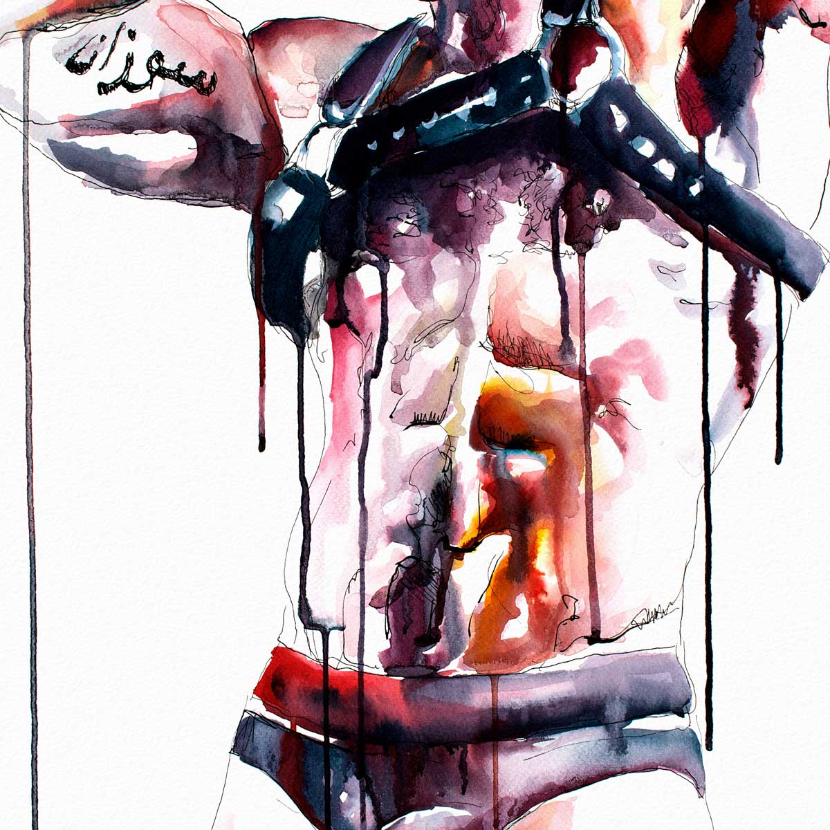 Muscular Bearded Man in Harness with Tattoos - Art Print Artist Brenden Sanborn