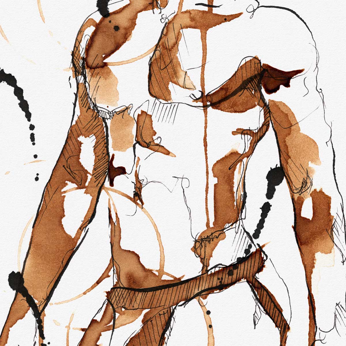Bearded Male Figure in Coffee and Ink Wearing Jockstrap – Art Print Artist Brenden Sanborn
