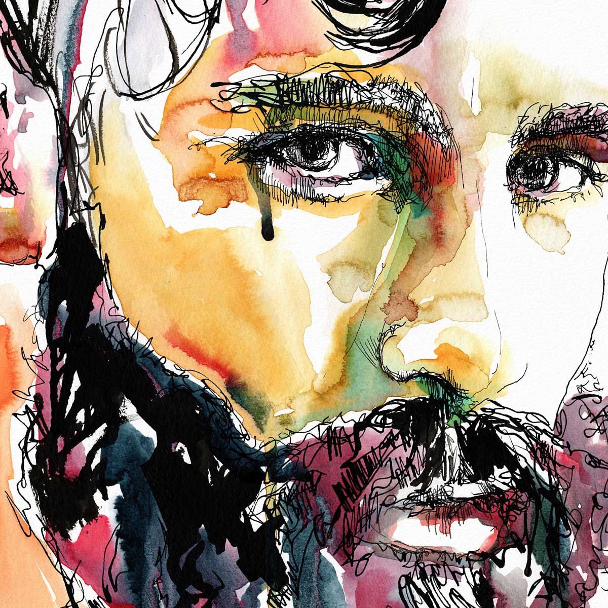 Portrait of Bearded Man with Intense Eyes and Flowing Hair - Art Print Artist Brenden Sanborn