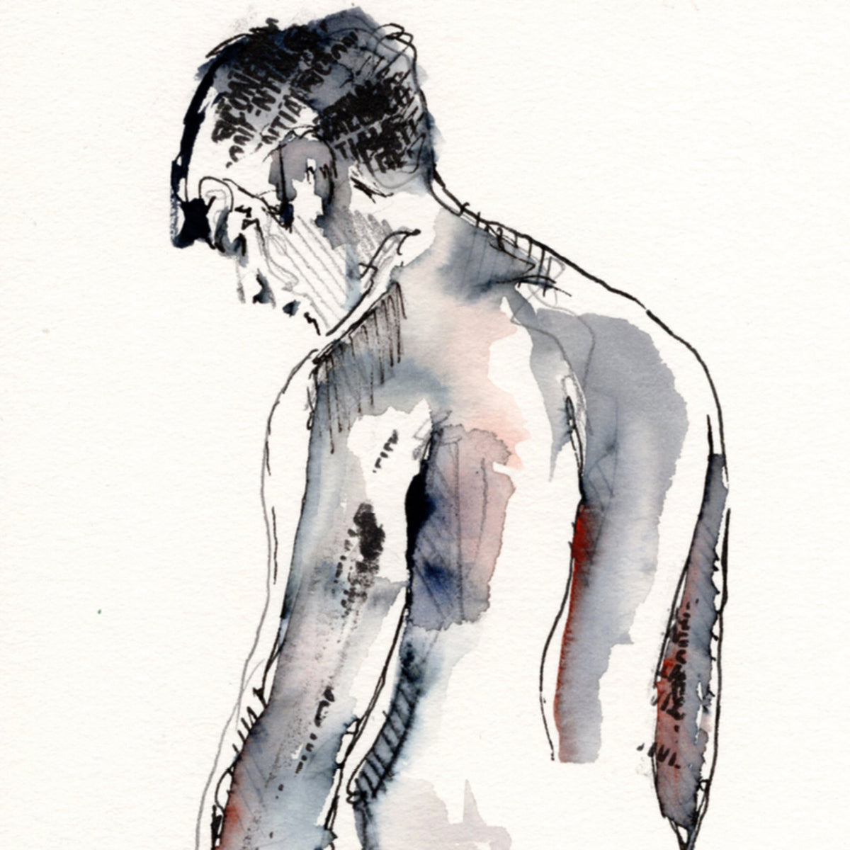 Solitary Reflection - Nude Male Form in Ink - 6x9" Original Watercolor Artist Brenden Sanborn