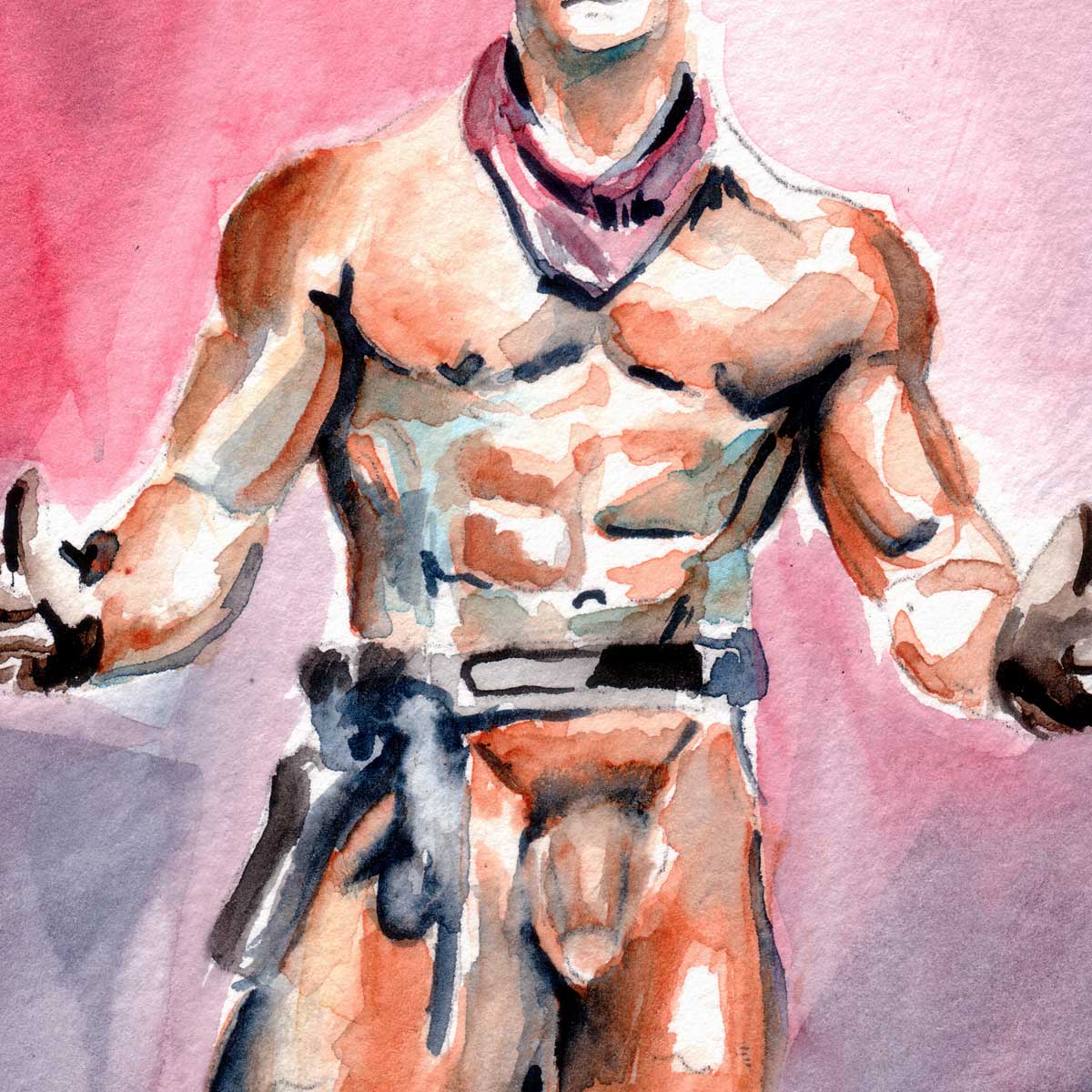 Nude Cowboy Standing in Leather Hat and Holster - Art Print Artist Brenden Sanborn