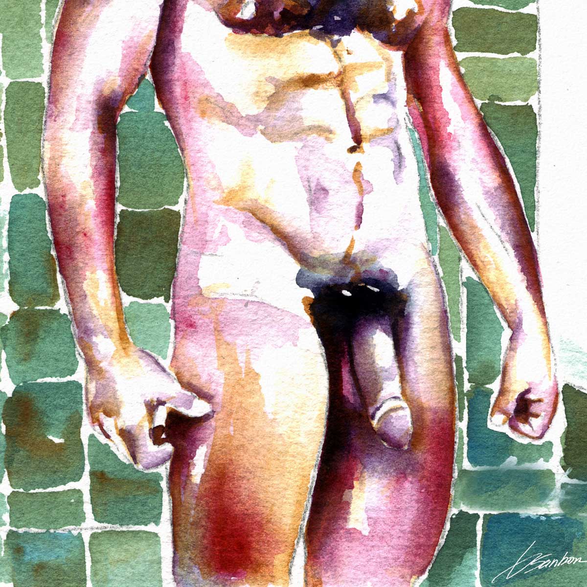 Bearded Man in Shower - Art Print Artist Brenden Sanborn