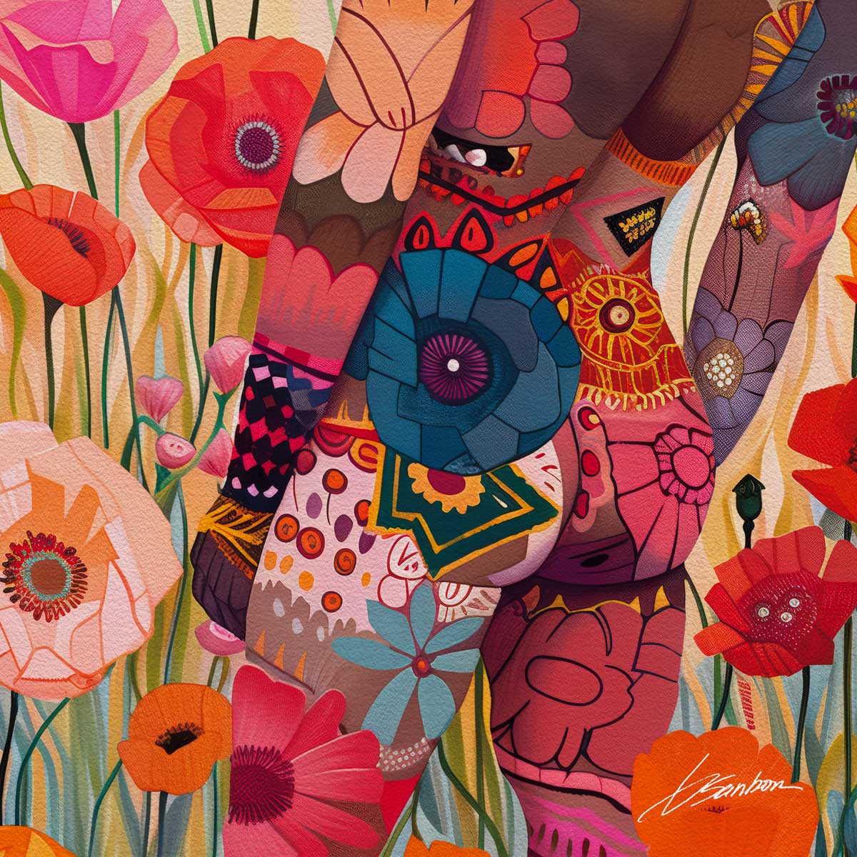 Floral Inked Male Figure in a Field of Poppies – Art Print Artist Brenden Sanborn