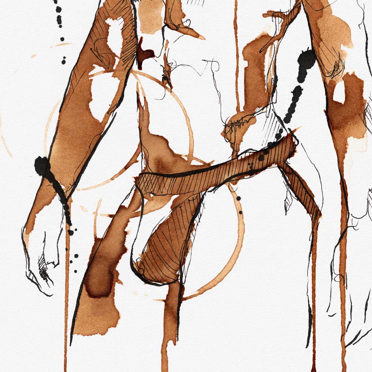 Bearded Male Figure in Coffee and Ink Wearing Jockstrap – Art Print Artist Brenden Sanborn