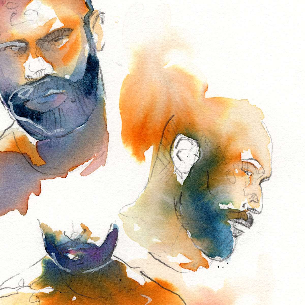 Bearded Trio - Expressive Male Faces with Hairy Chests - 6x9" Original Watercolor Painting Artist Brenden Sanborn