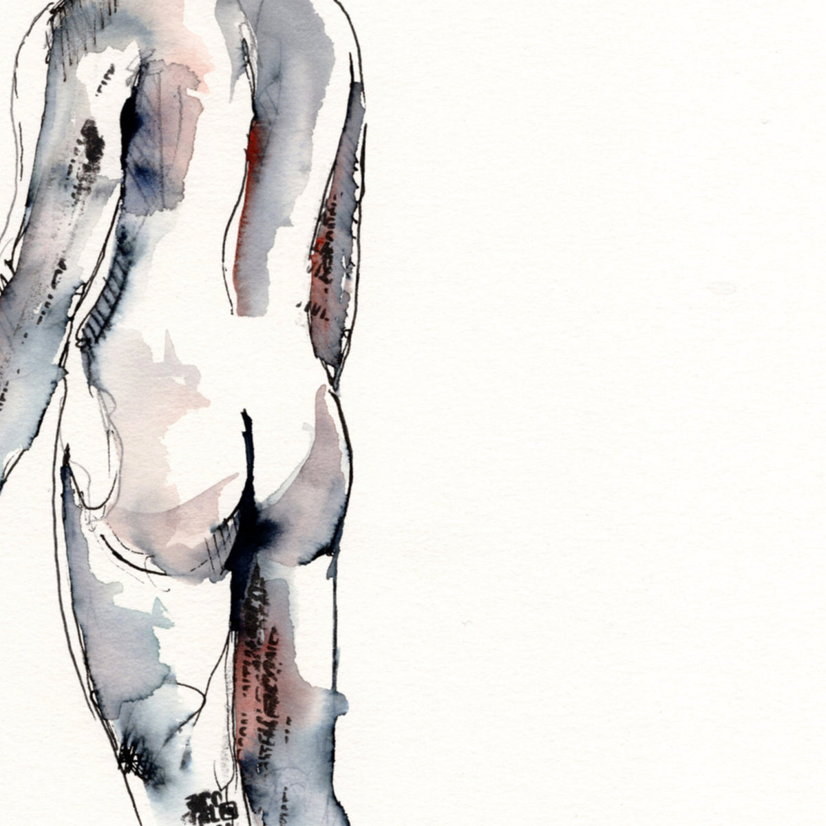 Solitary Reflection - Nude Male Form in Ink - 6x9" Original Watercolor Artist Brenden Sanborn