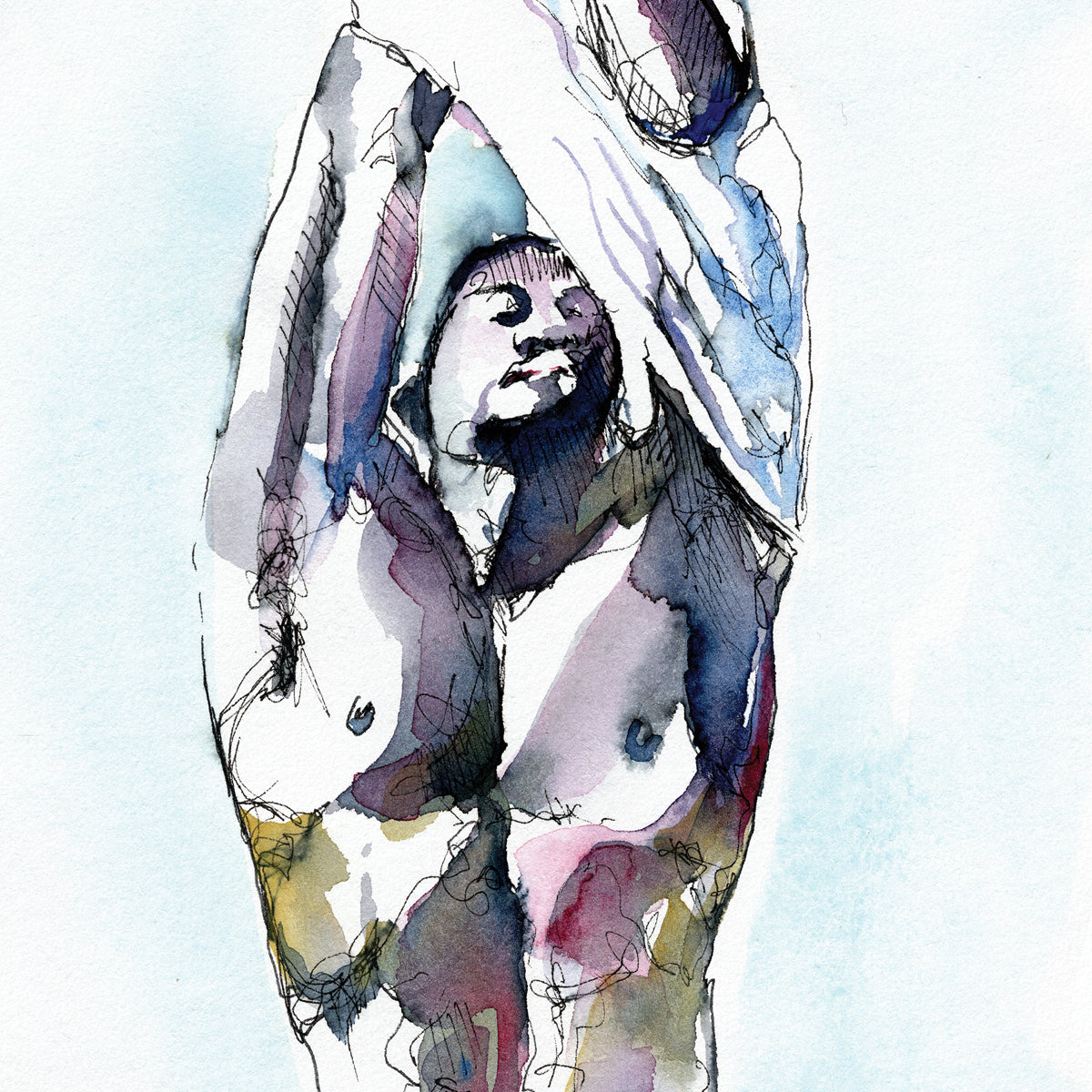 Sultry Descent of Fabric: Well-Toned Man Revealed - Original by Brenden Sanborn Artist Brenden Sanborn