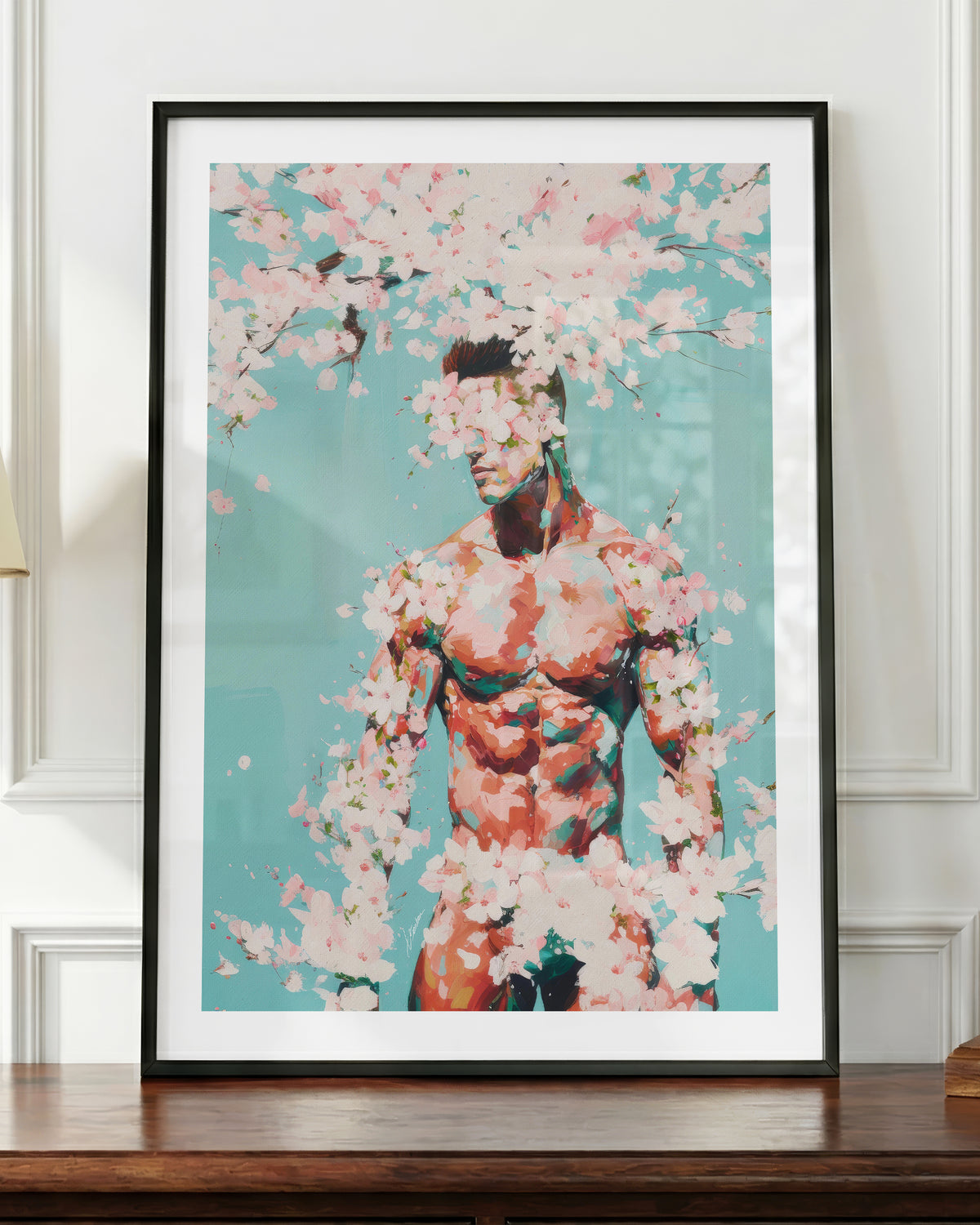 Falling Pink art print in a black frame, shown up close