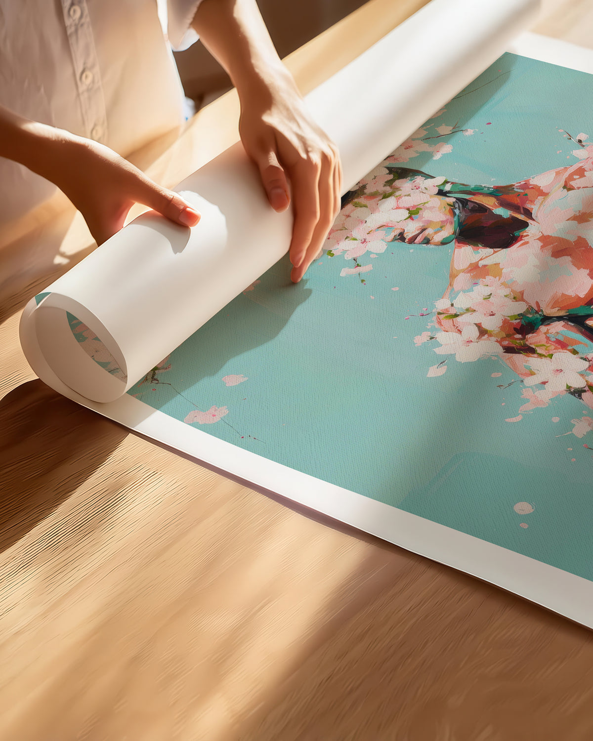 Hands unrolling the Falling Pink fine art paper print, showing the white border