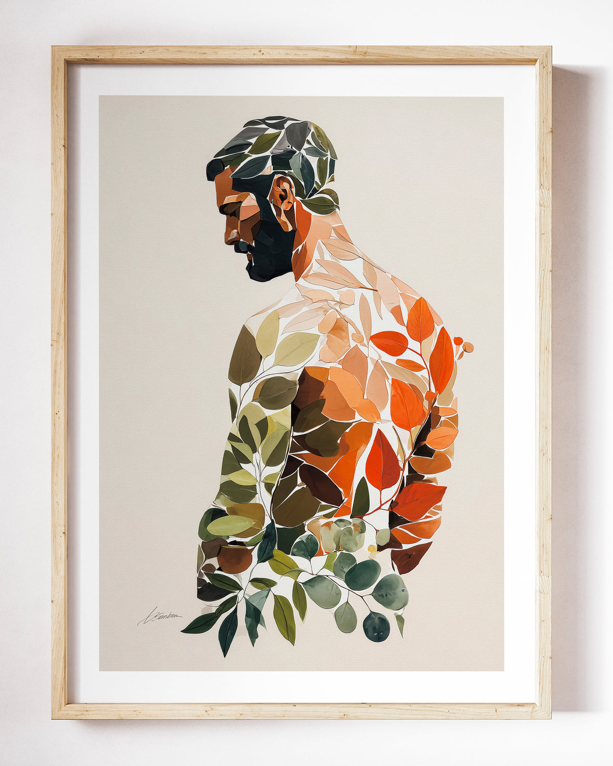 Forest Breath art print by Brenden Sanborn, a bearded man looking down and away, his back covered in green, rust and orange leaves, shown in a light wood frame
