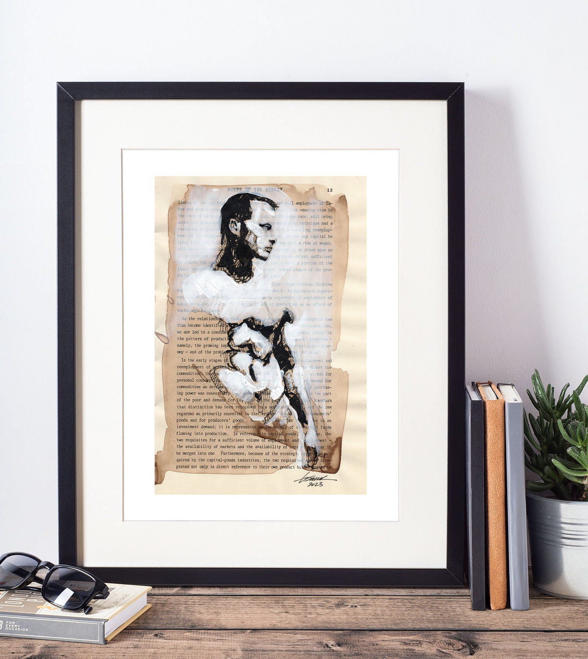 Muscular Figure on Literature - 6x9" Original Book Paper Art Artist Brenden Sanborn