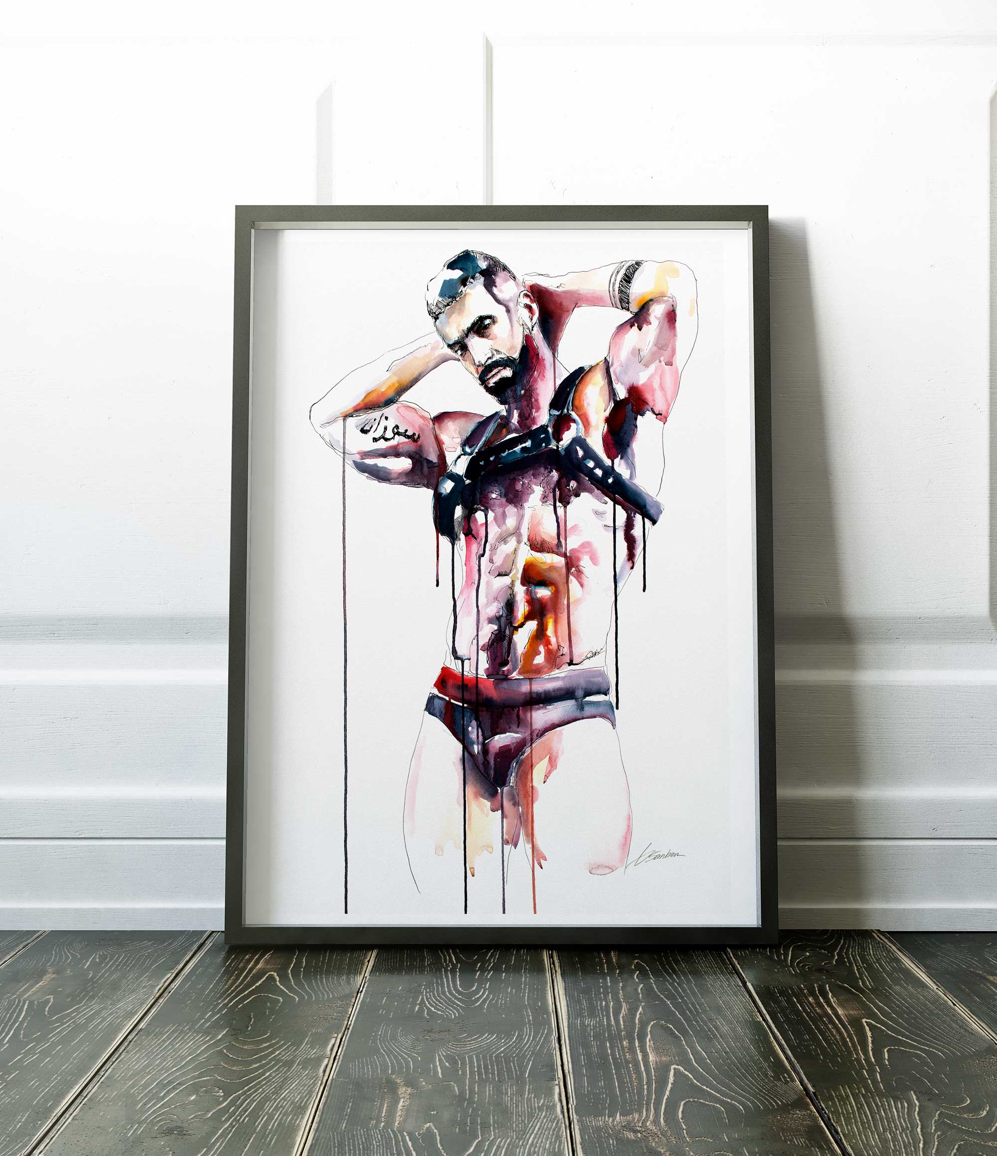 Muscular Bearded Man in Harness with Tattoos - Art Print Artist Brenden Sanborn