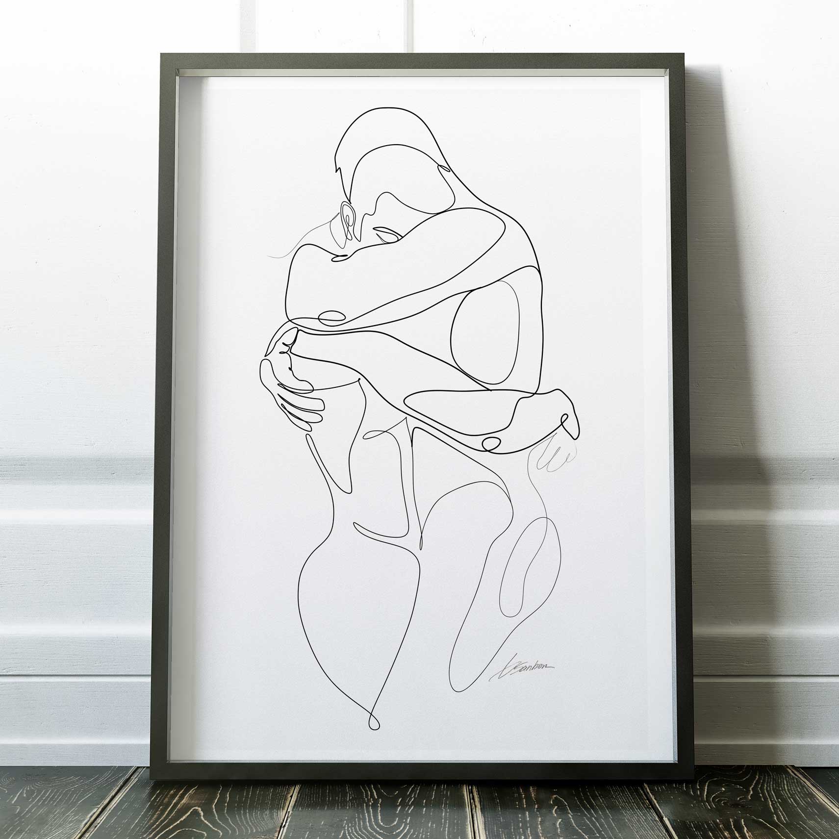 Wrapped in You One-Line Drawing of Two Men Hugging – Art Print Artist Brenden Sanborn