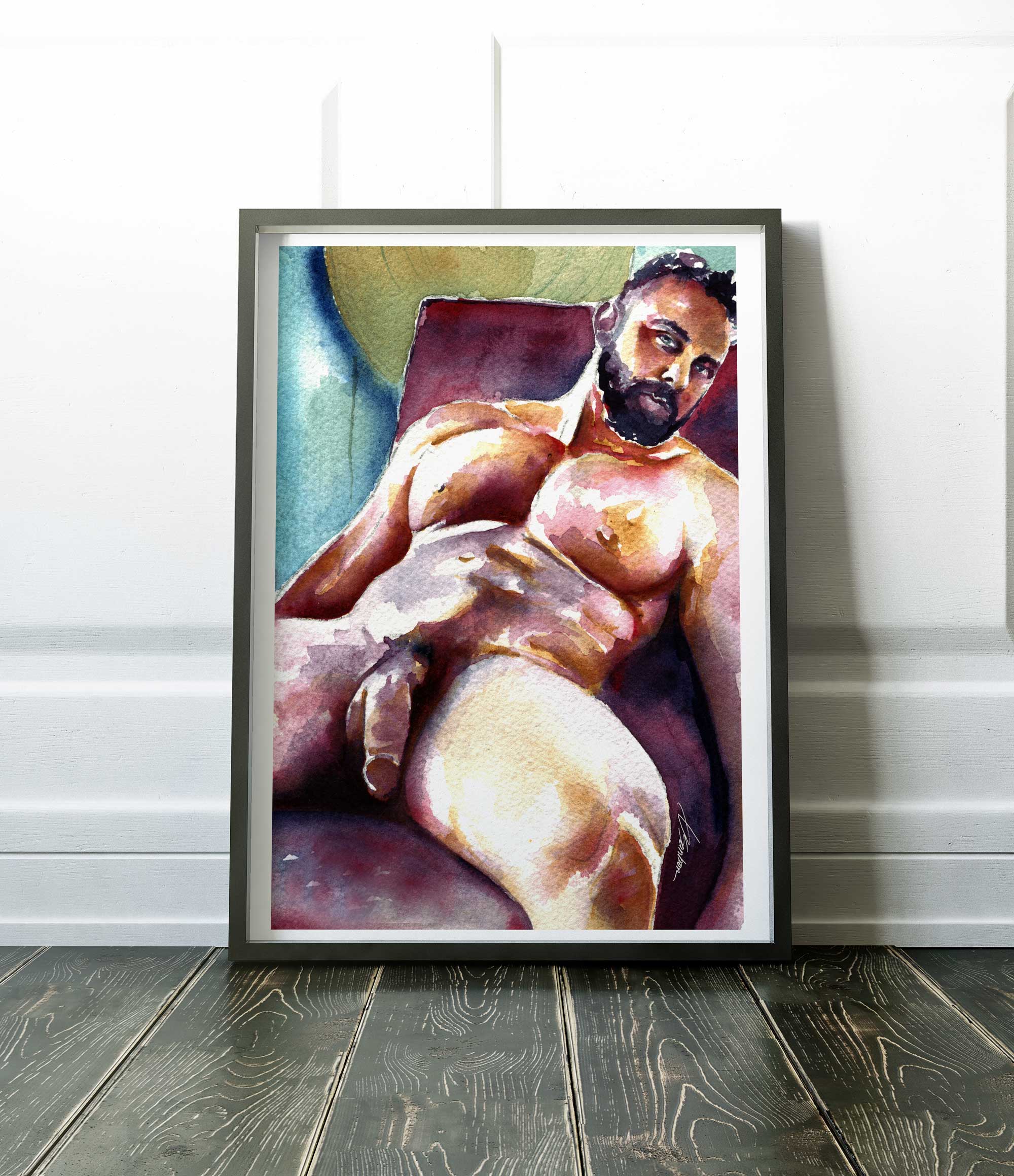 Pensive Strength: Bearded Male Nude Reclined in Chair - Art Print Artist Brenden Sanborn