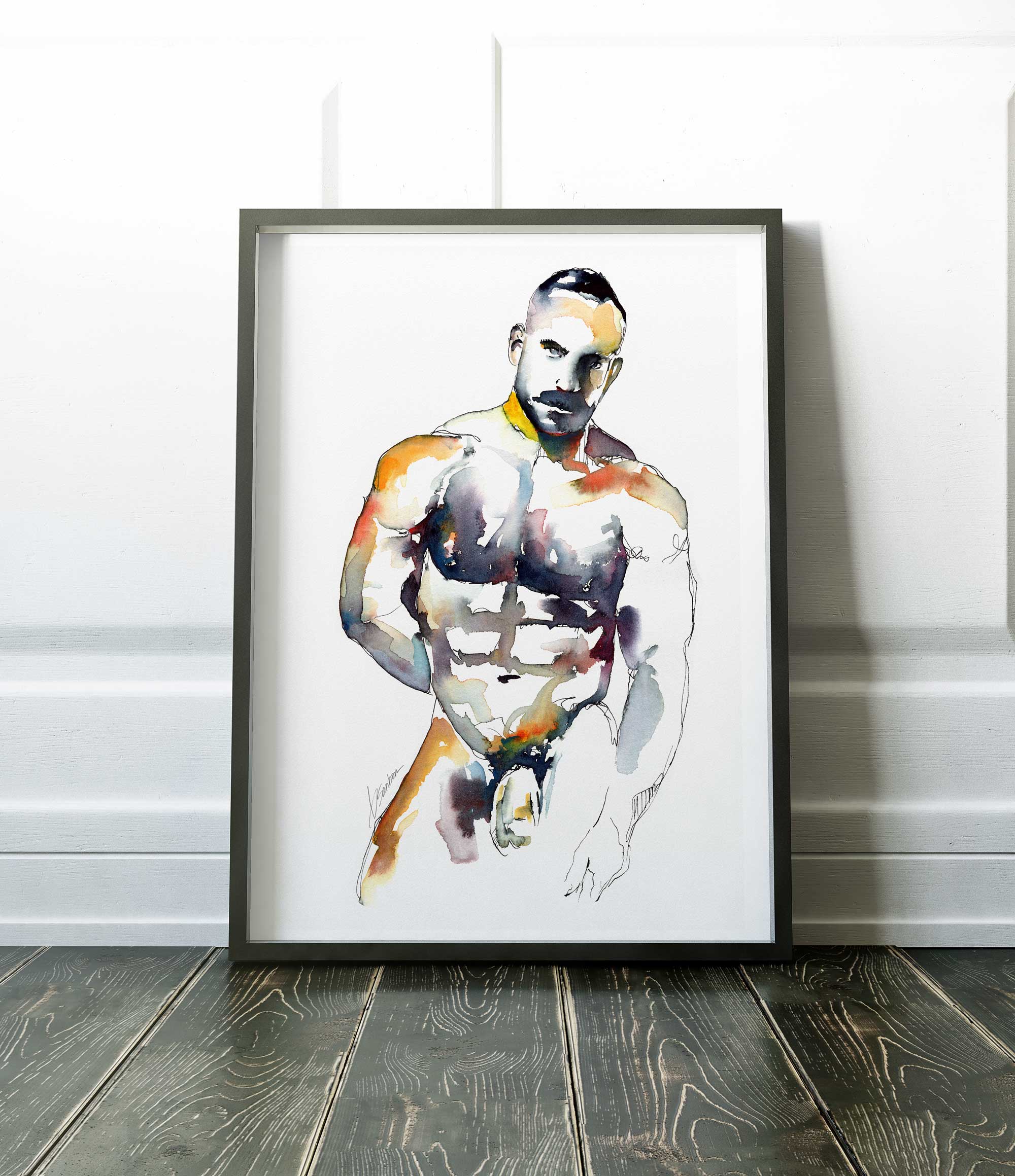 Muscular Male Nude with Intense Stare and Chiseled Abs - Art Print Artist Brenden Sanborn