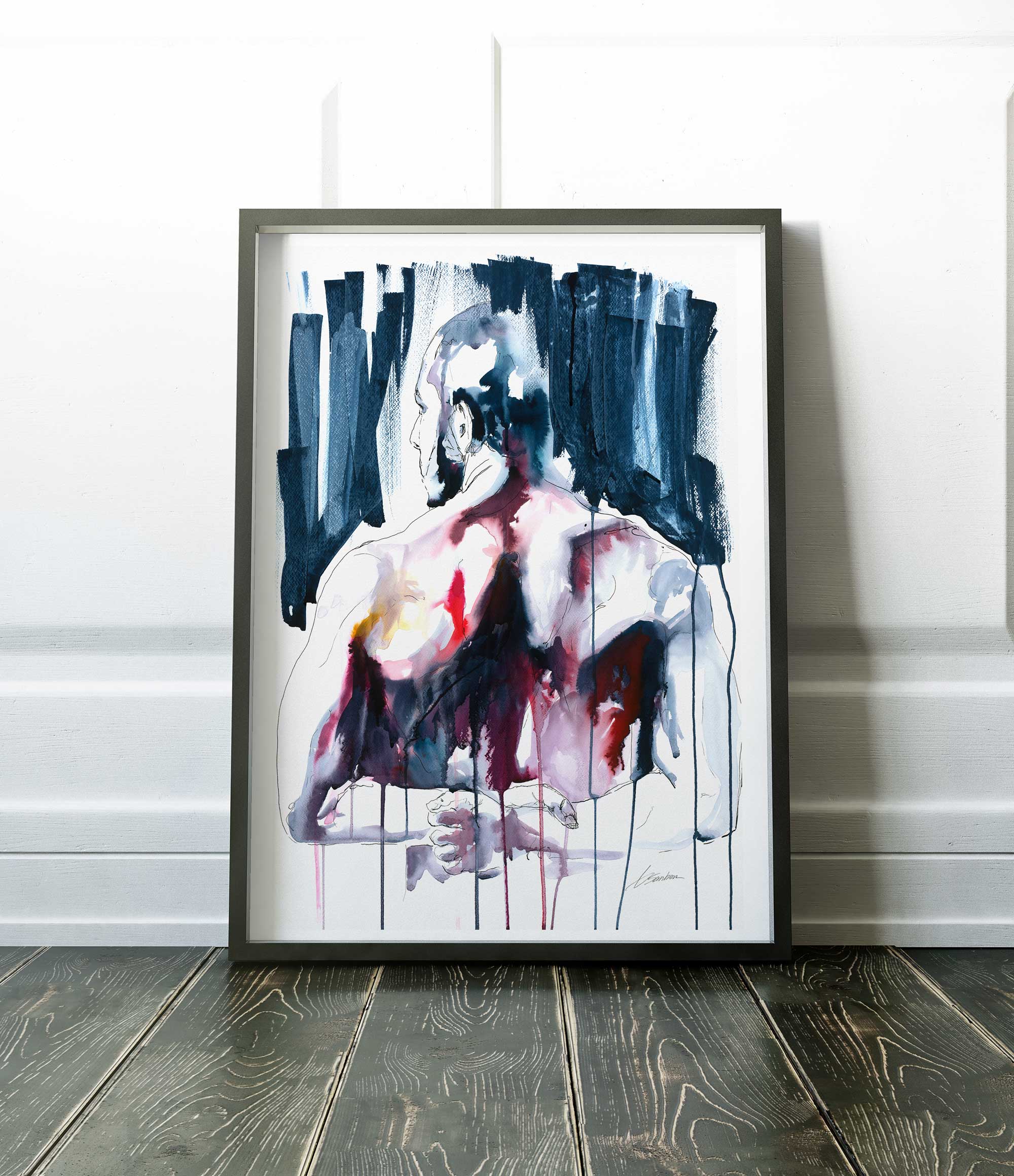 Bearded Male Figure with Broad Back in Reflective Embrace - Art Print Artist Brenden Sanborn
