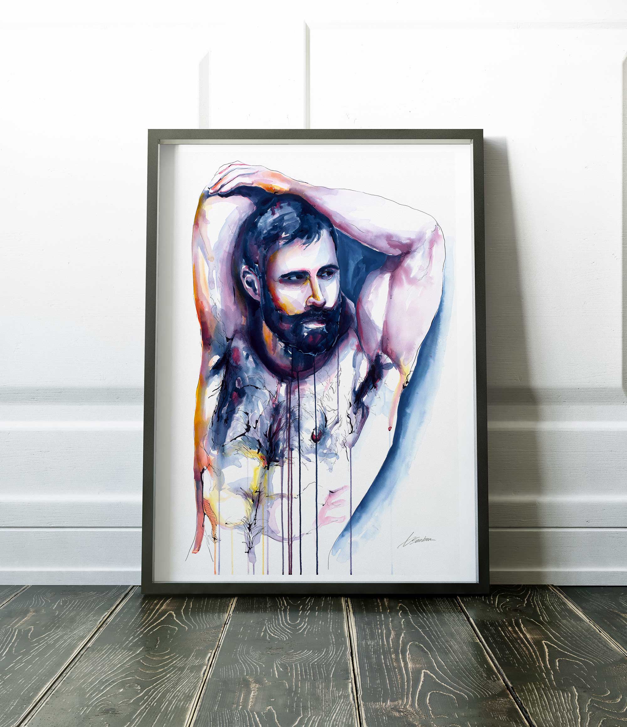 Bearded Man with Raised Arms and Strong, Hairy Chest - Art Print Artist Brenden Sanborn