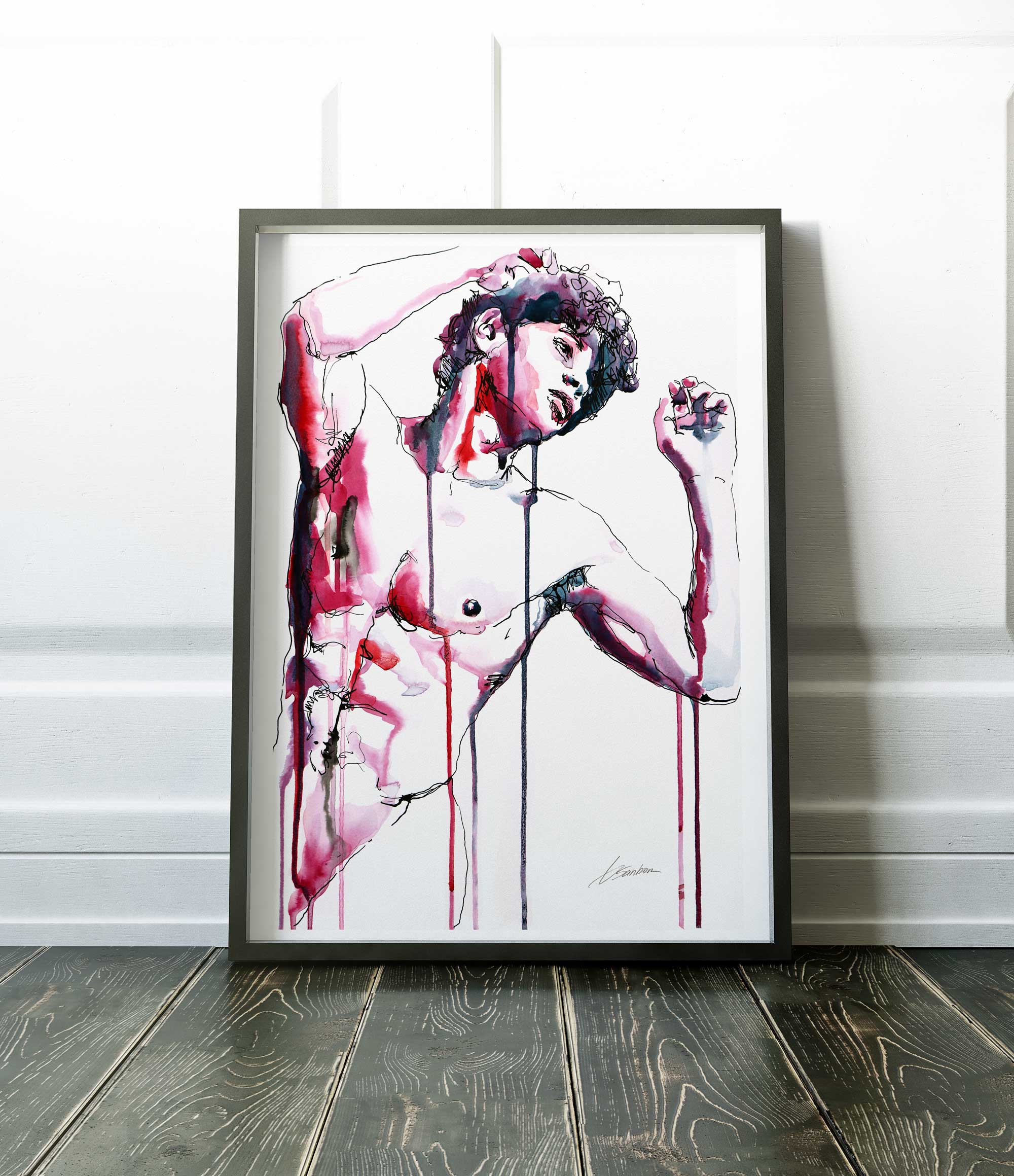Curled Hair Bare Chest and Arms Raised in Quiet Elegance - Art Print Artist Brenden Sanborn