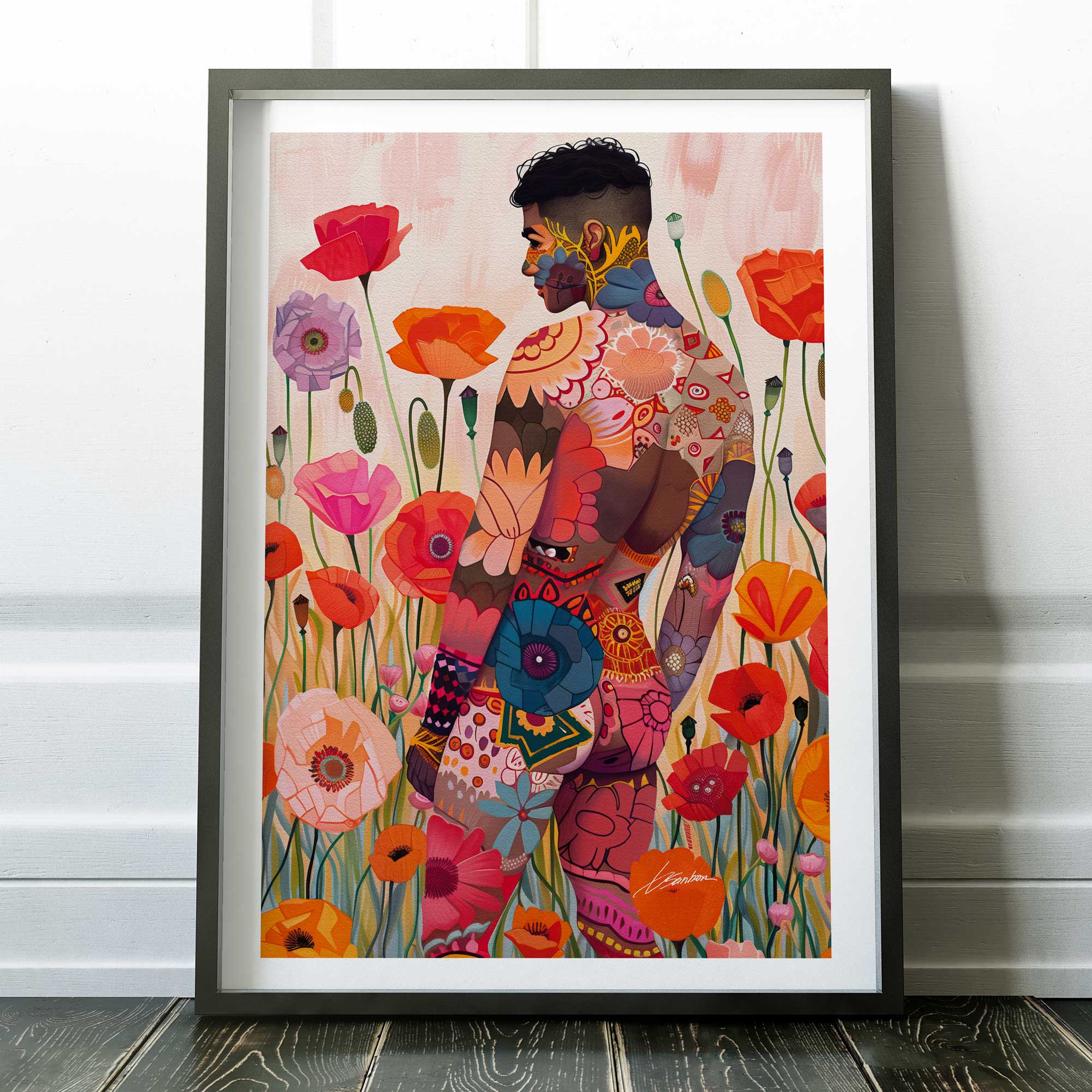 Floral Inked Male Figure in a Field of Poppies – Art Print Artist Brenden Sanborn
