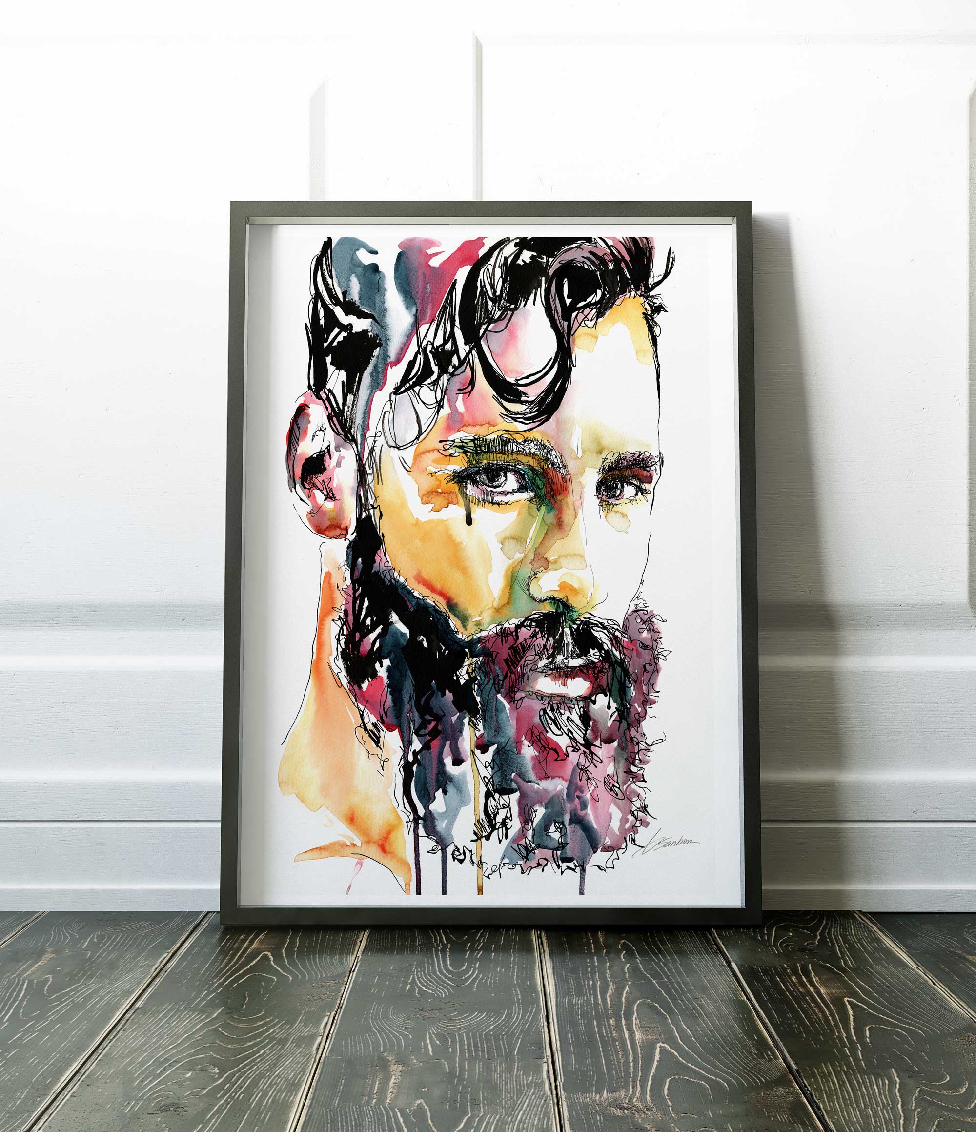 Portrait of Bearded Man with Intense Eyes and Flowing Hair - Art Print Artist Brenden Sanborn