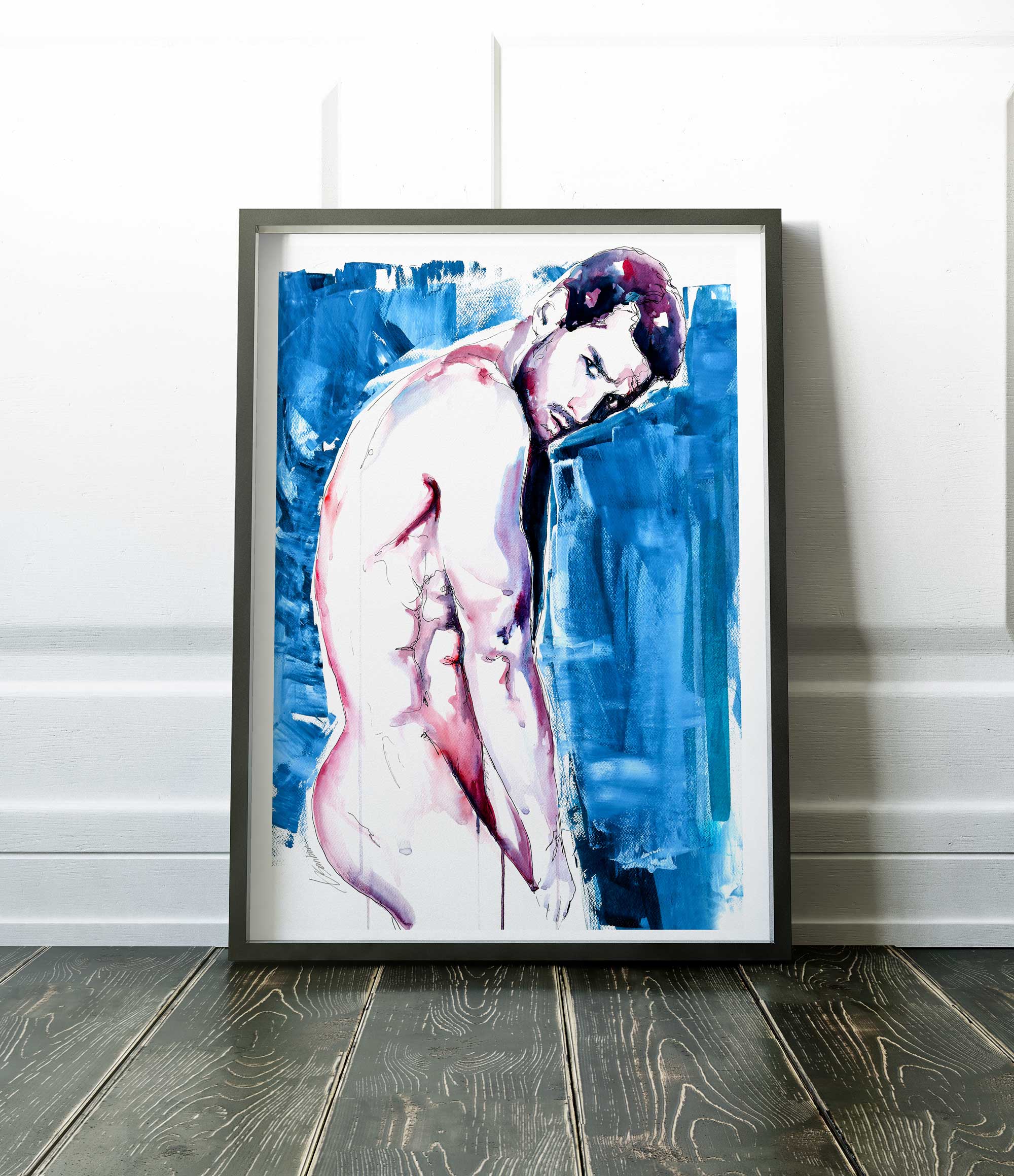 Sexy Moment of a Bare Back Leaning Against the Cool Blue - Art Print Artist Brenden Sanborn