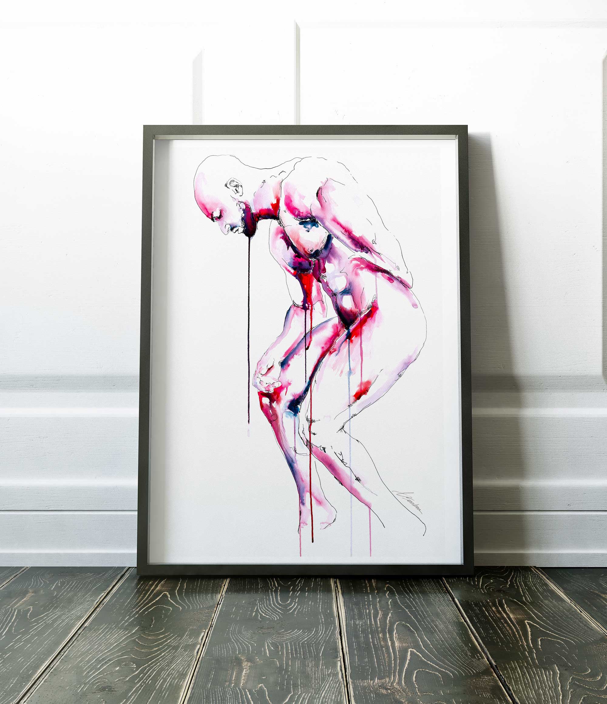 Crouching Nude Male with Tense Posture and Downcast Gaze - Art Print Artist Brenden Sanborn