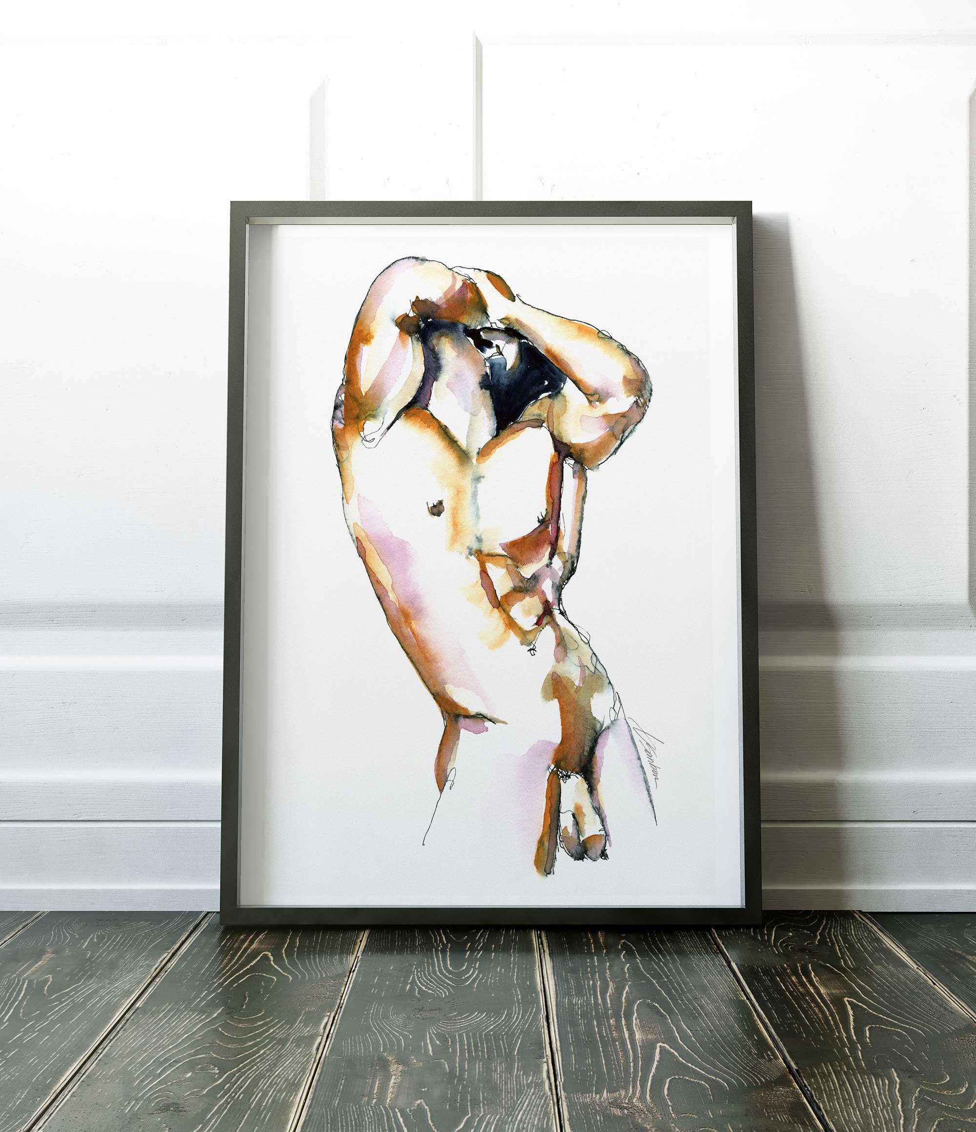 Strong Curves Male Nude with Hands Behind Head - Art Print Artist Brenden Sanborn