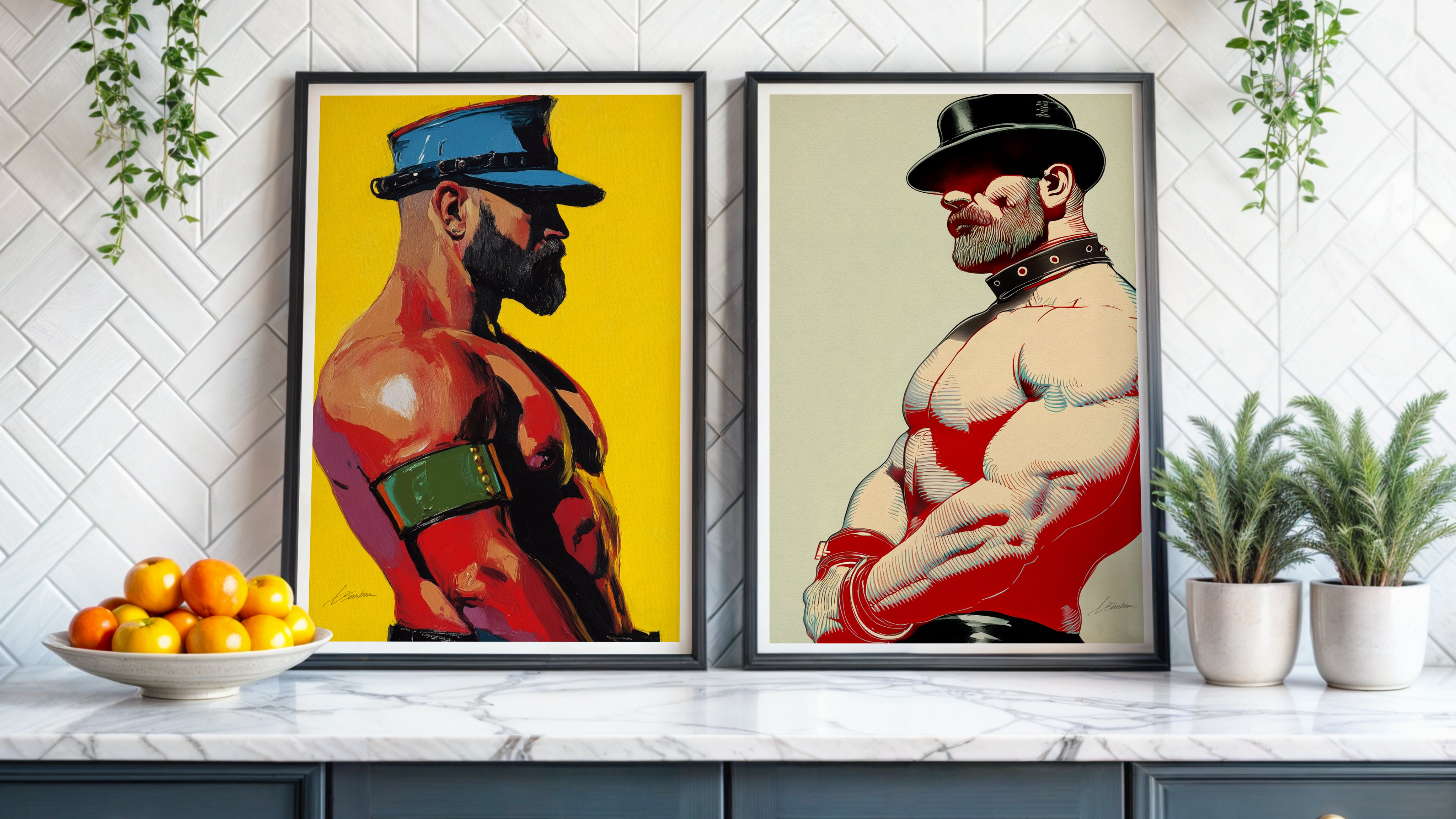 Framed contemporary male figure art featuring two muscular bearded men in leather caps, displayed as modern LGBTQ wall art in a bright, stylish home.